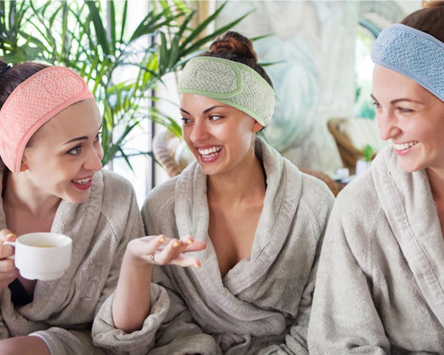 imageWhaline 4Pcs Spa Facial Headband Super Absorption Makeup Hair Wrap Adjustable Coral Fleece Hair Band Soft Towel Head Band for Face Washing Shower SportsPea Green PinkOrange Blue Light Purple