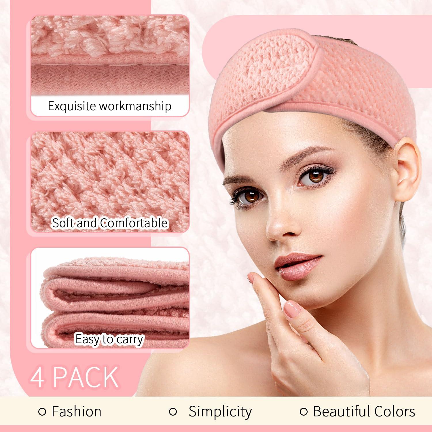 imageWhaline 4Pcs Spa Facial Headband Super Absorption Makeup Hair Wrap Adjustable Coral Fleece Hair Band Soft Towel Head Band for Face Washing Shower SportsPea Green Pink Beige Light Gray