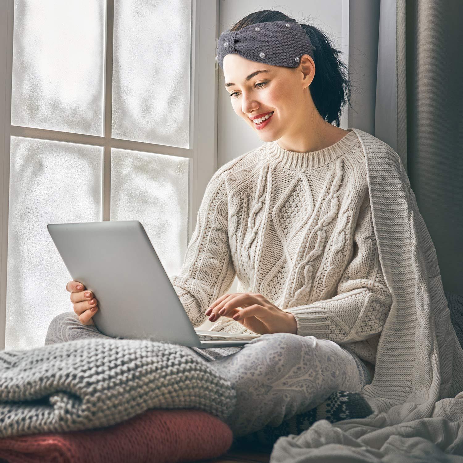 imageWhaline 5 Pieces Winter Knit Headbands Chunky Knit Headbands4 Elastic Turban Head Wraps and 1 Pearl Crochet Hair Band Ear Warmer Crochet Head Wraps for Women Girls AutumnampampWinter ColorsBlue Grey