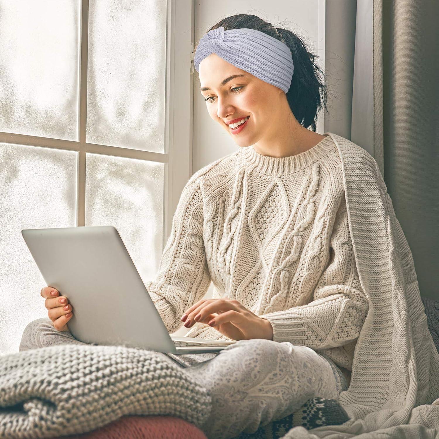 imageWhaline 5 Pieces Winter Knit Headbands Chunky Knit Headbands4 Elastic Turban Head Wraps and 1 Pearl Crochet Hair Band Ear Warmer Crochet Head Wraps for Women Girls AutumnampampWinter ColorsPinkGray