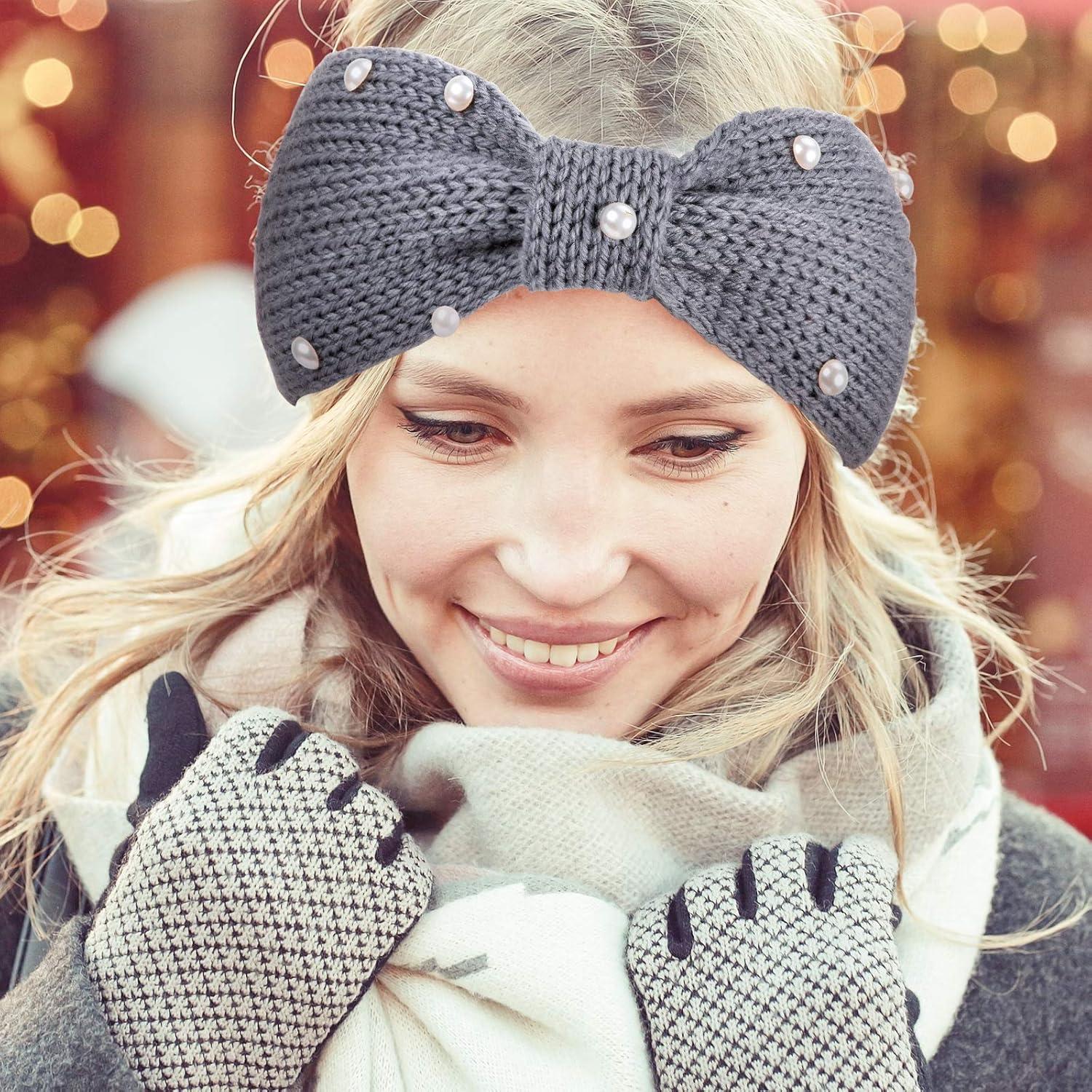 imageWhaline 5 Pieces Winter Knit Headbands Chunky Knit Headbands4 Elastic Turban Head Wraps and 1 Pearl Crochet Hair Band Ear Warmer Crochet Head Wraps for Women Girls AutumnampampWinter ColorsPinkGray