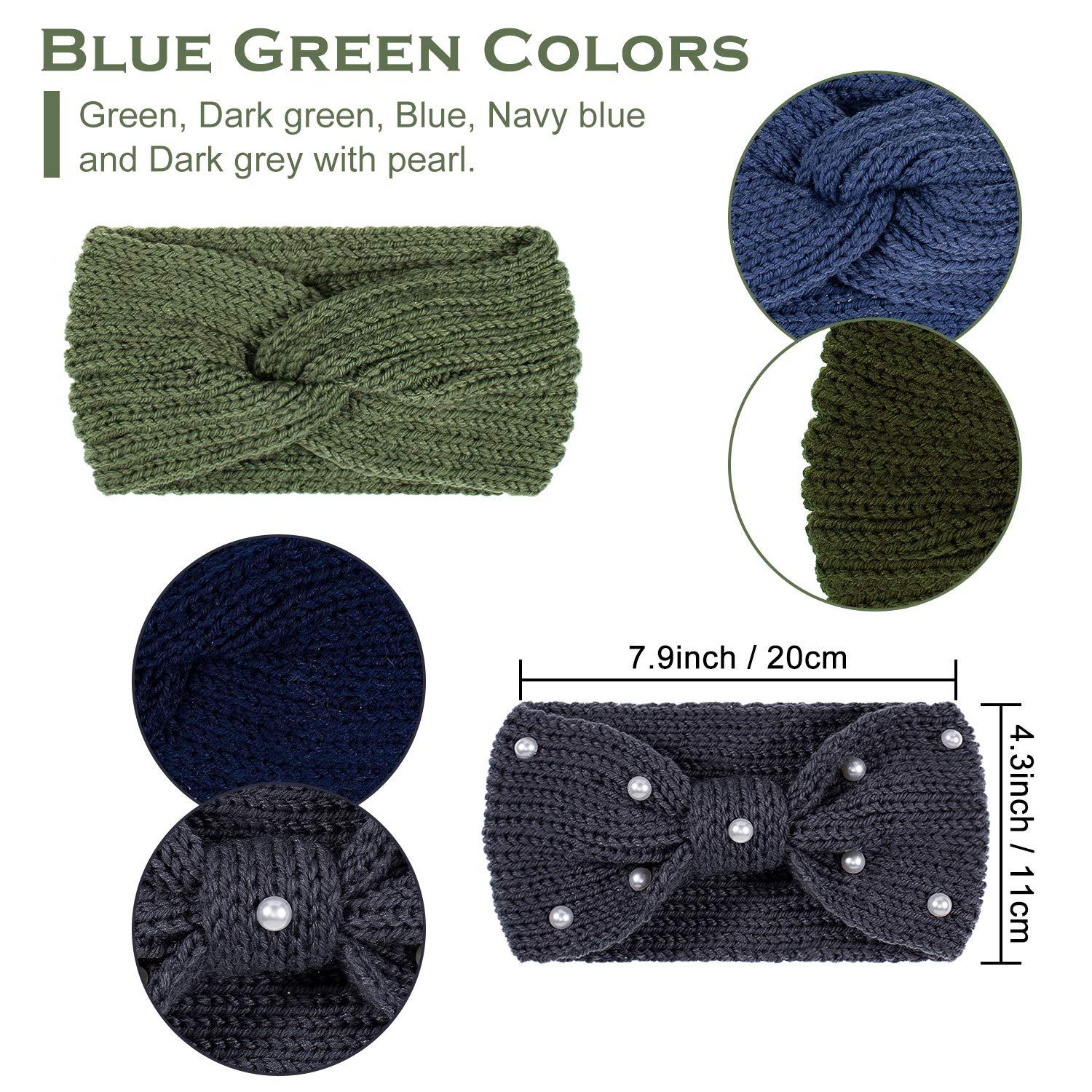 imageWhaline 5 Pieces Winter Knit Headbands Chunky Knit Headbands4 Elastic Turban Head Wraps and 1 Pearl Crochet Hair Band Ear Warmer Crochet Head Wraps for Women Girls AutumnampampWinter ColorsBlue Green