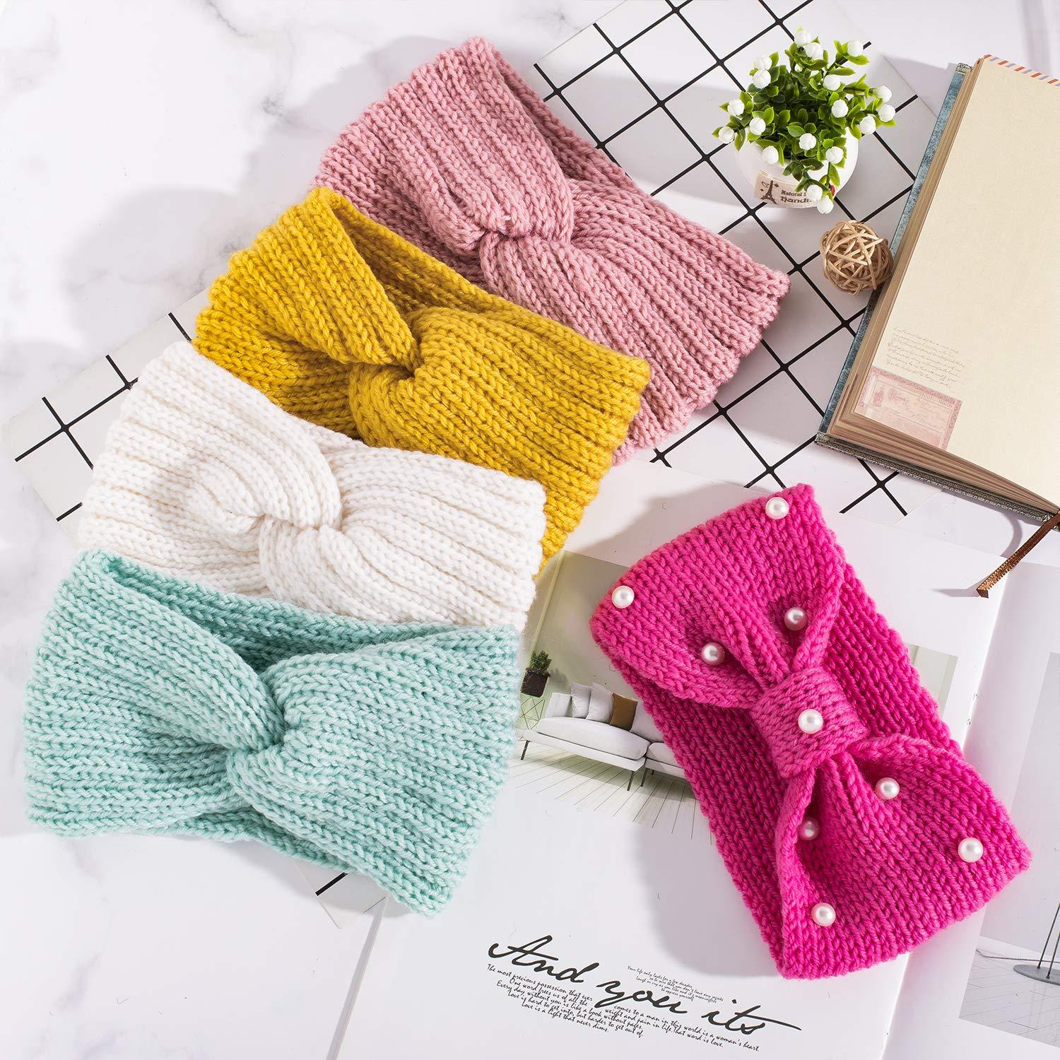 imageWhaline 5 Pieces Winter Knit Headbands Chunky Knit Headbands4 Elastic Turban Head Wraps and 1 Pearl Crochet Hair Band Ear Warmer Crochet Head Wraps for Women Girls AutumnampampWinter ColorsCandy Color