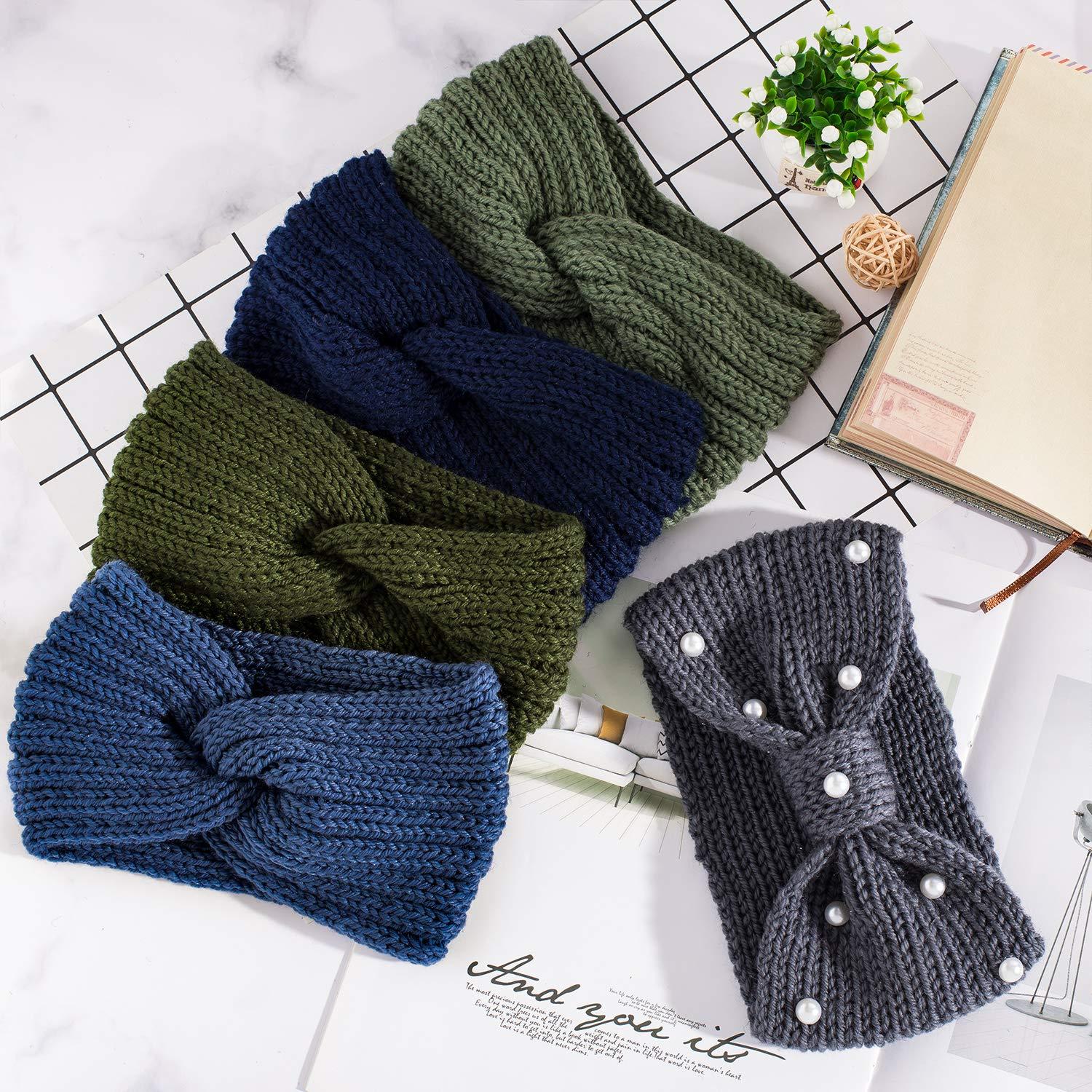 imageWhaline 5 Pieces Winter Knit Headbands Chunky Knit Headbands4 Elastic Turban Head Wraps and 1 Pearl Crochet Hair Band Ear Warmer Crochet Head Wraps for Women Girls AutumnampampWinter ColorsBlue Green