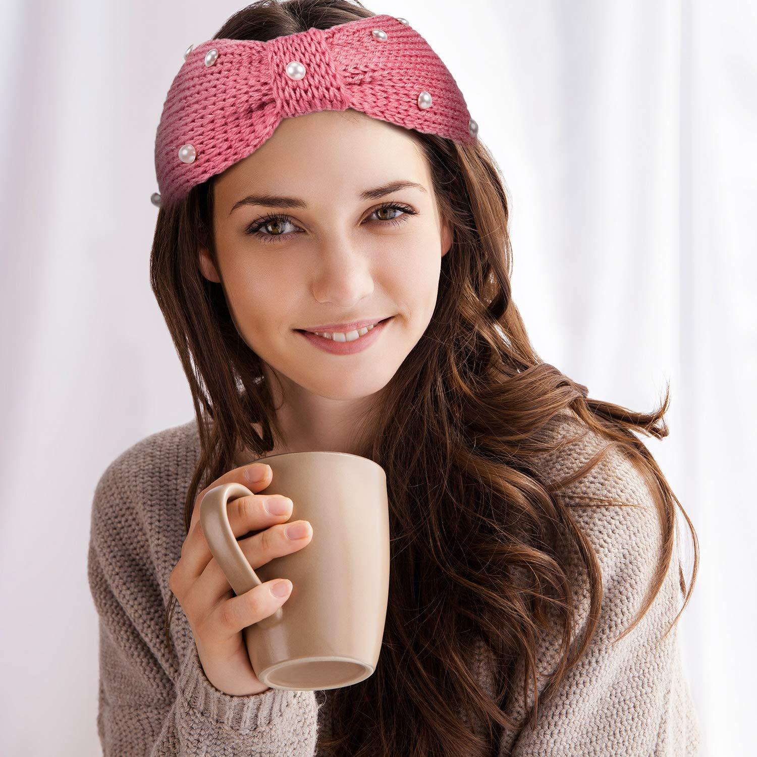 imageWhaline 5 Pieces Winter Knit Headbands Chunky Knit Headbands4 Elastic Turban Head Wraps and 1 Pearl Crochet Hair Band Ear Warmer Crochet Head Wraps for Women Girls AutumnampampWinter ColorsPink