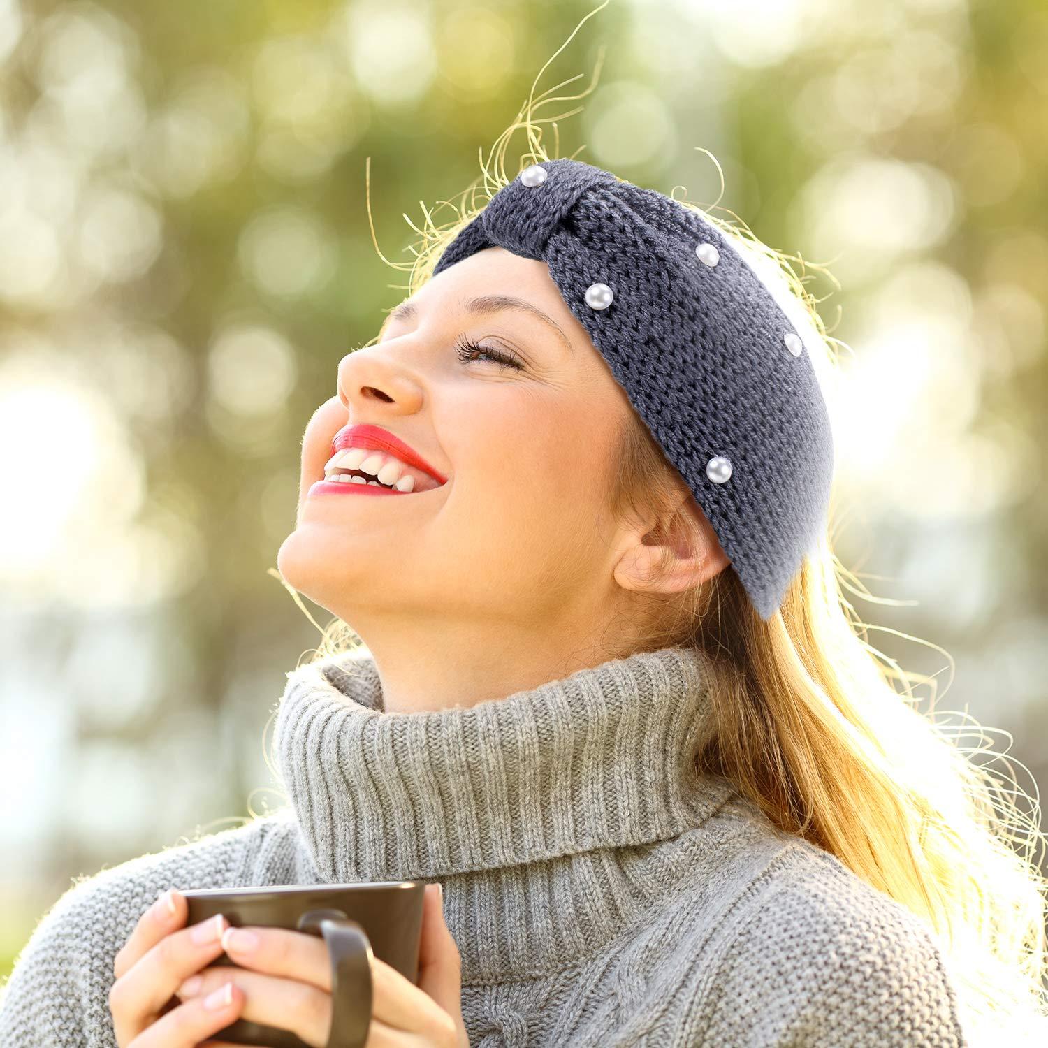 imageWhaline 5 Pieces Winter Knit Headbands Chunky Knit Headbands4 Elastic Turban Head Wraps and 1 Pearl Crochet Hair Band Ear Warmer Crochet Head Wraps for Women Girls AutumnampampWinter ColorsBlue Green