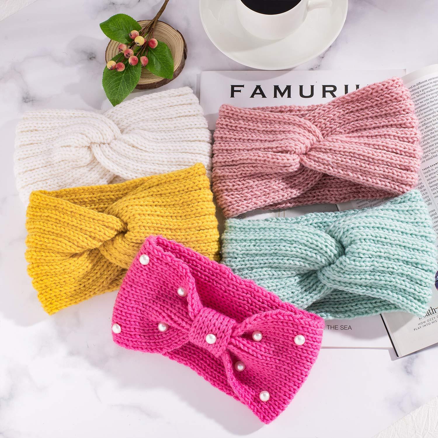imageWhaline 5 Pieces Winter Knit Headbands Chunky Knit Headbands4 Elastic Turban Head Wraps and 1 Pearl Crochet Hair Band Ear Warmer Crochet Head Wraps for Women Girls AutumnampampWinter ColorsCandy Color