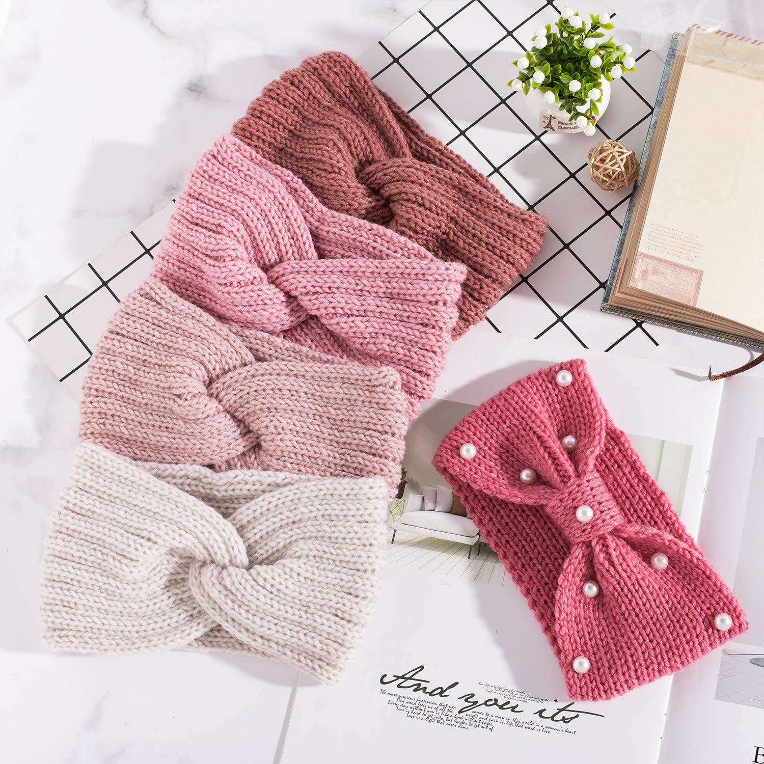 imageWhaline 5 Pieces Winter Knit Headbands Chunky Knit Headbands4 Elastic Turban Head Wraps and 1 Pearl Crochet Hair Band Ear Warmer Crochet Head Wraps for Women Girls AutumnampampWinter ColorsPink
