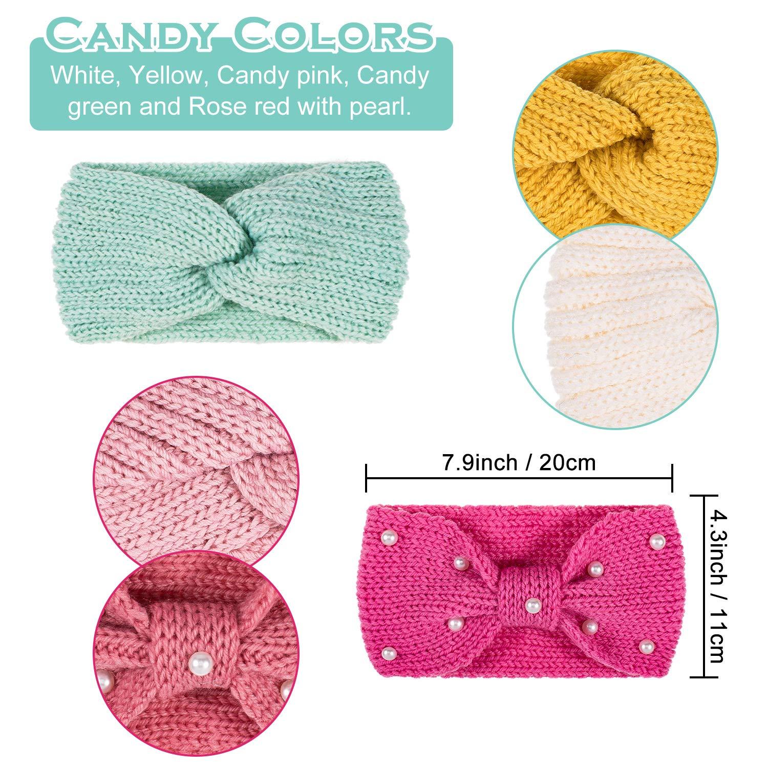 imageWhaline 5 Pieces Winter Knit Headbands Chunky Knit Headbands4 Elastic Turban Head Wraps and 1 Pearl Crochet Hair Band Ear Warmer Crochet Head Wraps for Women Girls AutumnampampWinter ColorsCandy Color