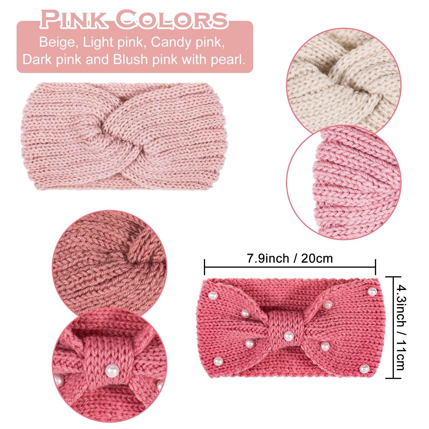 imageWhaline 5 Pieces Winter Knit Headbands Chunky Knit Headbands4 Elastic Turban Head Wraps and 1 Pearl Crochet Hair Band Ear Warmer Crochet Head Wraps for Women Girls AutumnampampWinter ColorsPink