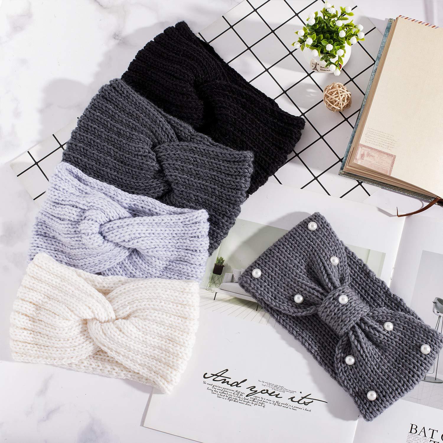 imageWhaline 5 Pieces Winter Knit Headbands Chunky Knit Headbands4 Elastic Turban Head Wraps and 1 Pearl Crochet Hair Band Ear Warmer Crochet Head Wraps for Women Girls AutumnampampWinter ColorsBlue Grey