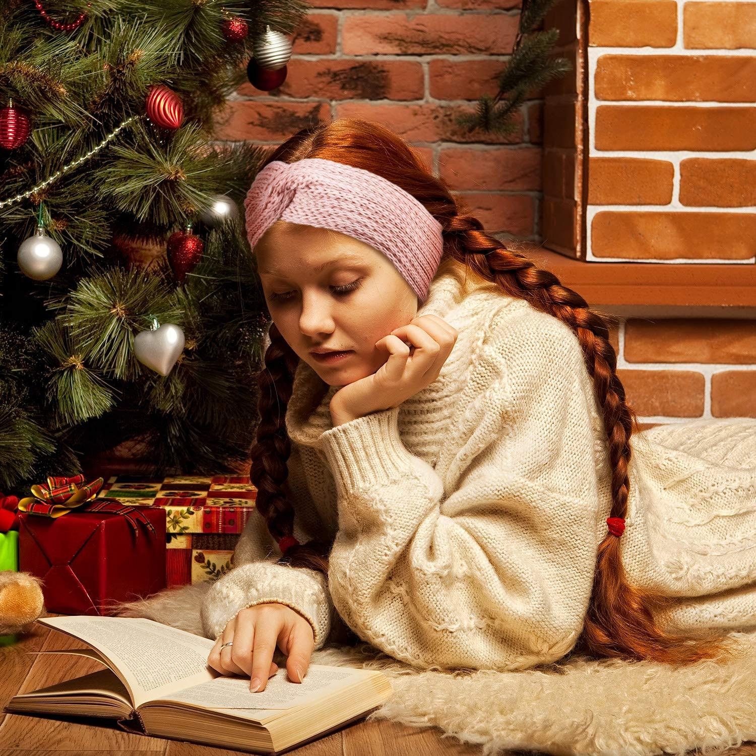 imageWhaline 5 Pieces Winter Knit Headbands Chunky Knit Headbands4 Elastic Turban Head Wraps and 1 Pearl Crochet Hair Band Ear Warmer Crochet Head Wraps for Women Girls AutumnampampWinter ColorsPink