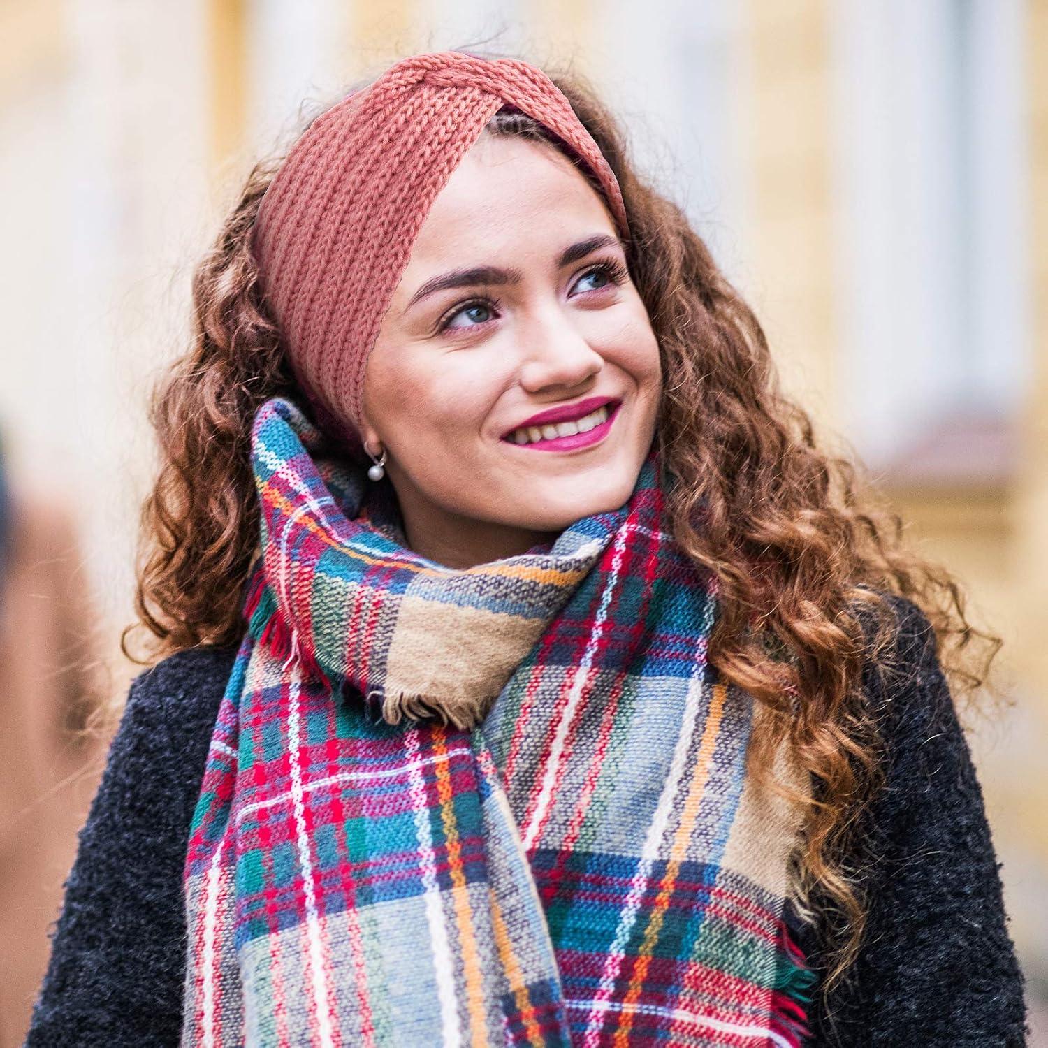 imageWhaline 5 Pieces Winter Knit Headbands Chunky Knit Headbands4 Elastic Turban Head Wraps and 1 Pearl Crochet Hair Band Ear Warmer Crochet Head Wraps for Women Girls AutumnampampWinter ColorsPinkGray