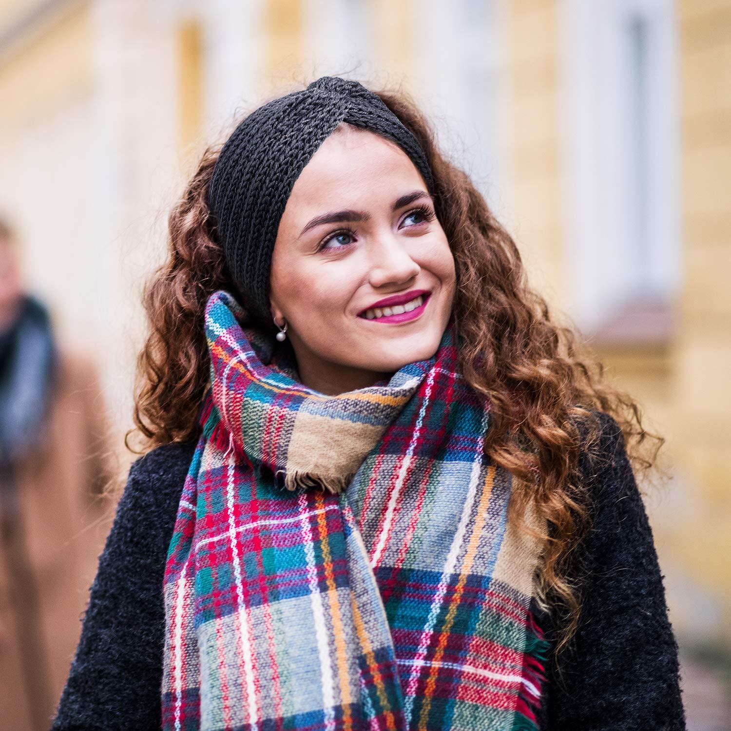 imageWhaline 5 Pieces Winter Knit Headbands Chunky Knit Headbands4 Elastic Turban Head Wraps and 1 Pearl Crochet Hair Band Ear Warmer Crochet Head Wraps for Women Girls AutumnampampWinter ColorsBlue Grey