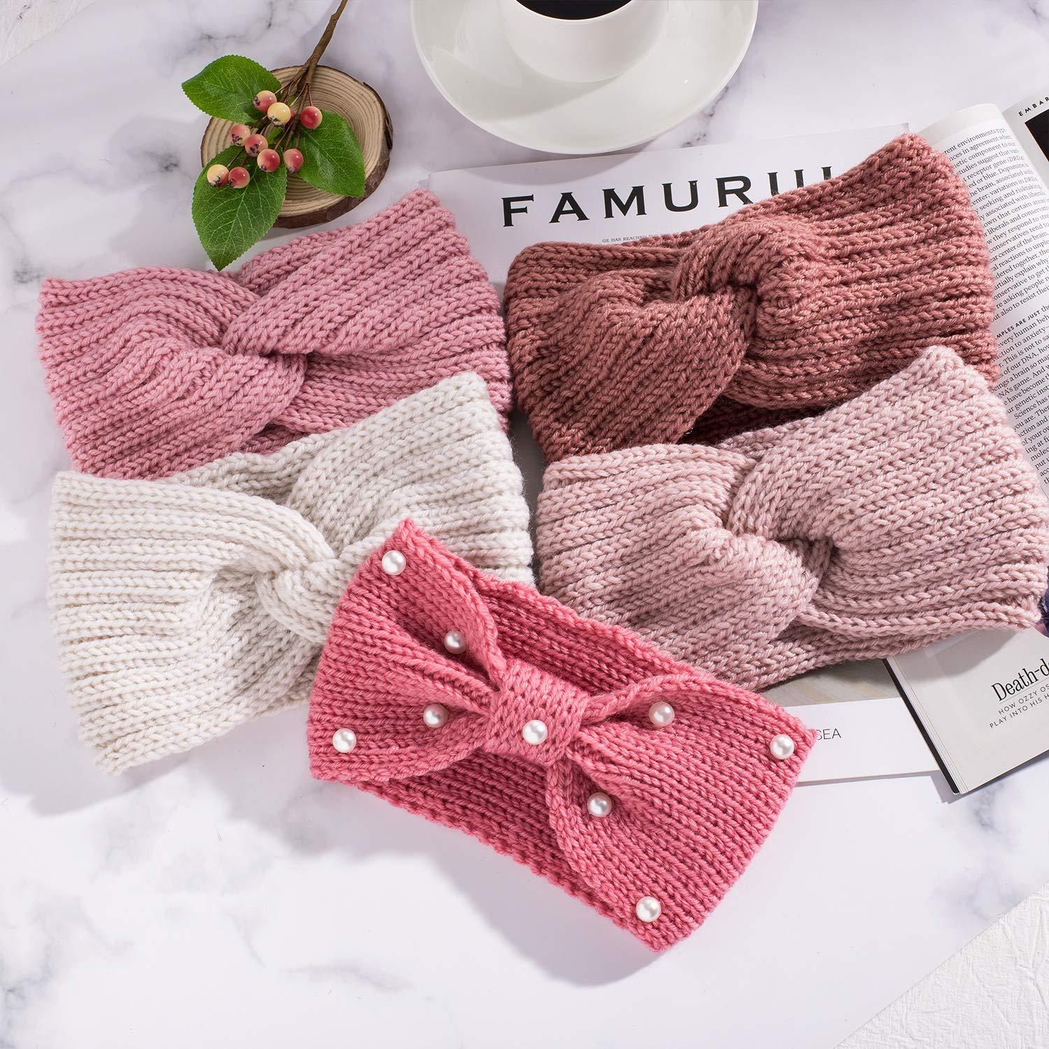 imageWhaline 5 Pieces Winter Knit Headbands Chunky Knit Headbands4 Elastic Turban Head Wraps and 1 Pearl Crochet Hair Band Ear Warmer Crochet Head Wraps for Women Girls AutumnampampWinter ColorsPink
