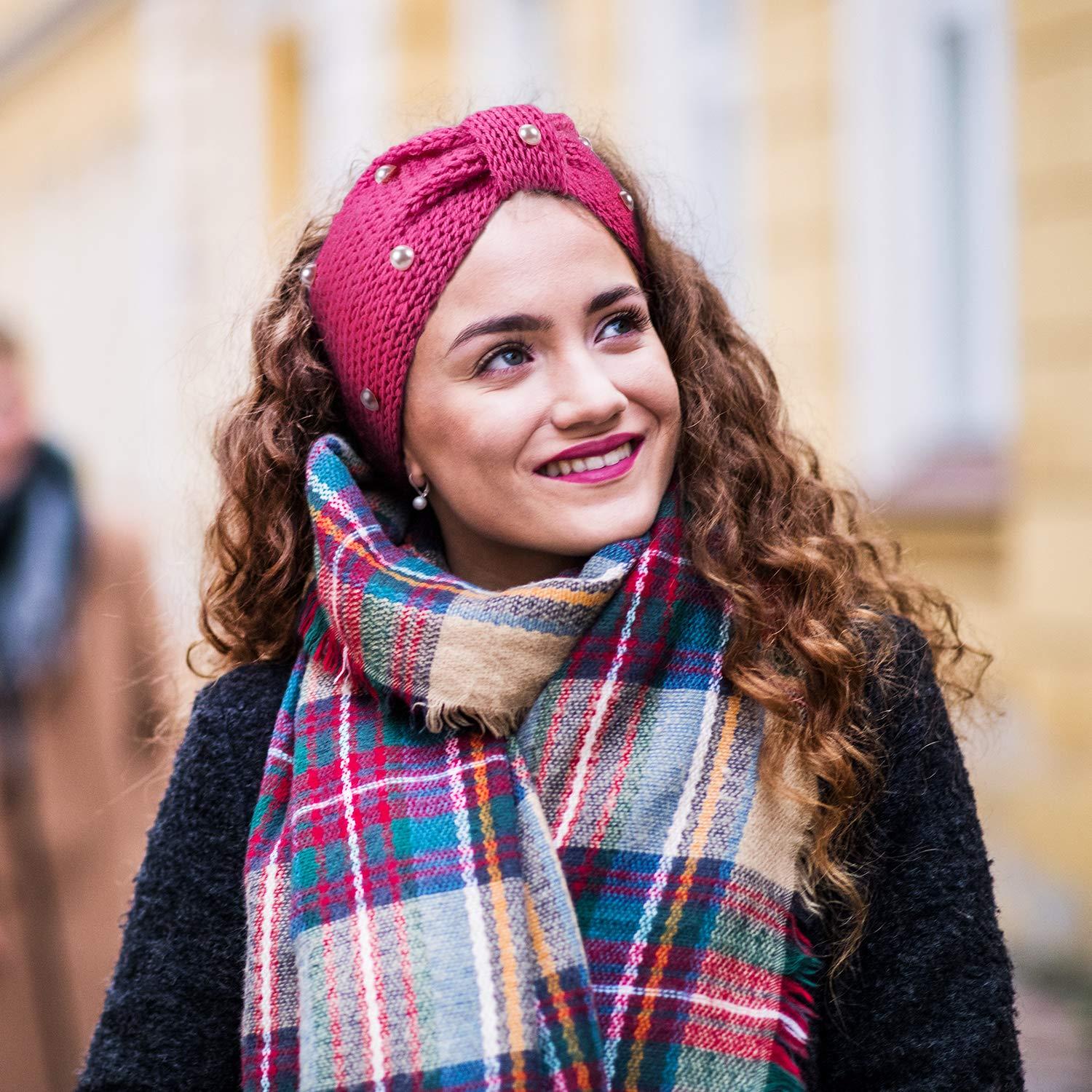 imageWhaline 5 Pieces Winter Knit Headbands Chunky Knit Headbands4 Elastic Turban Head Wraps and 1 Pearl Crochet Hair Band Ear Warmer Crochet Head Wraps for Women Girls AutumnampampWinter ColorsCandy Color