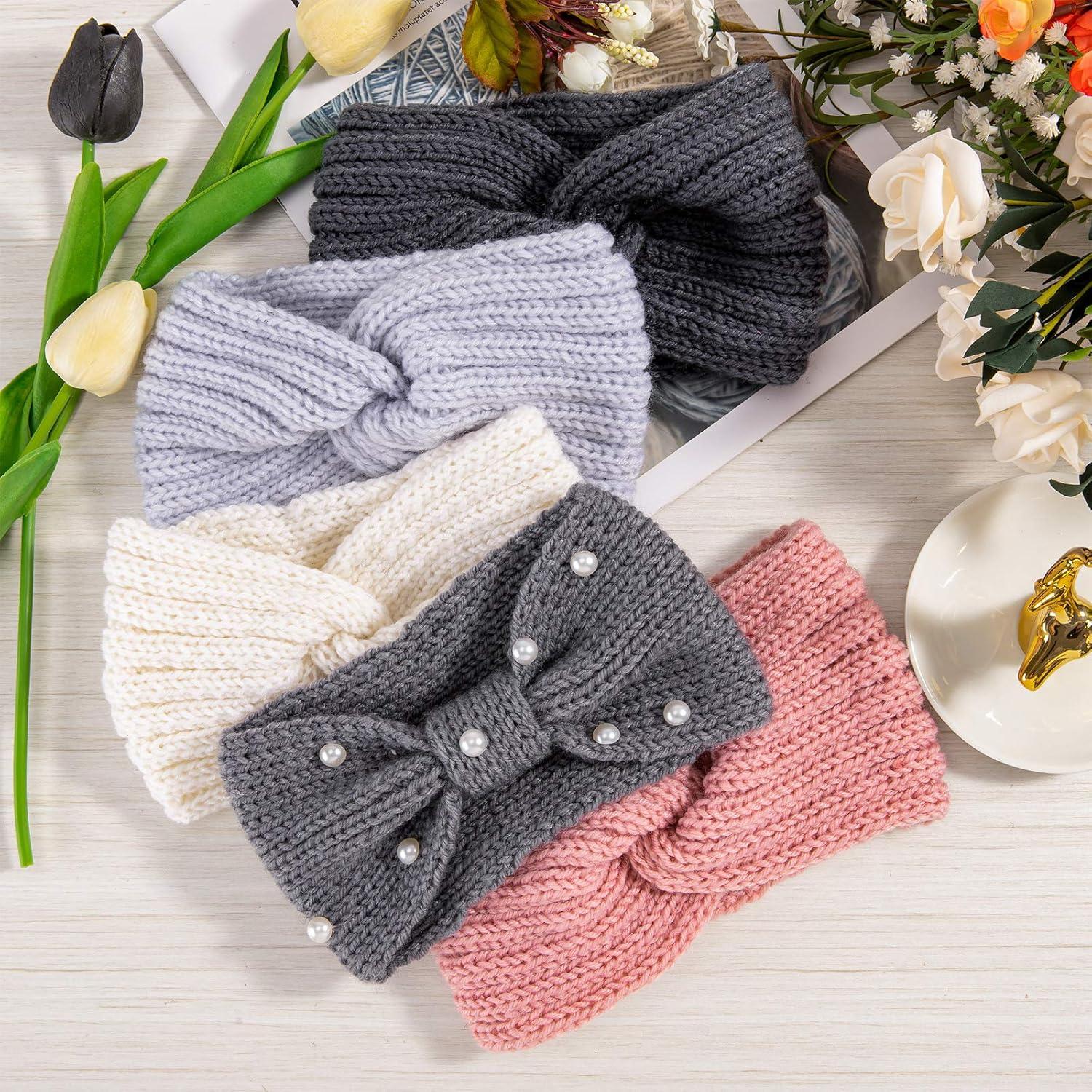 imageWhaline 5 Pieces Winter Knit Headbands Chunky Knit Headbands4 Elastic Turban Head Wraps and 1 Pearl Crochet Hair Band Ear Warmer Crochet Head Wraps for Women Girls AutumnampampWinter ColorsPinkGray