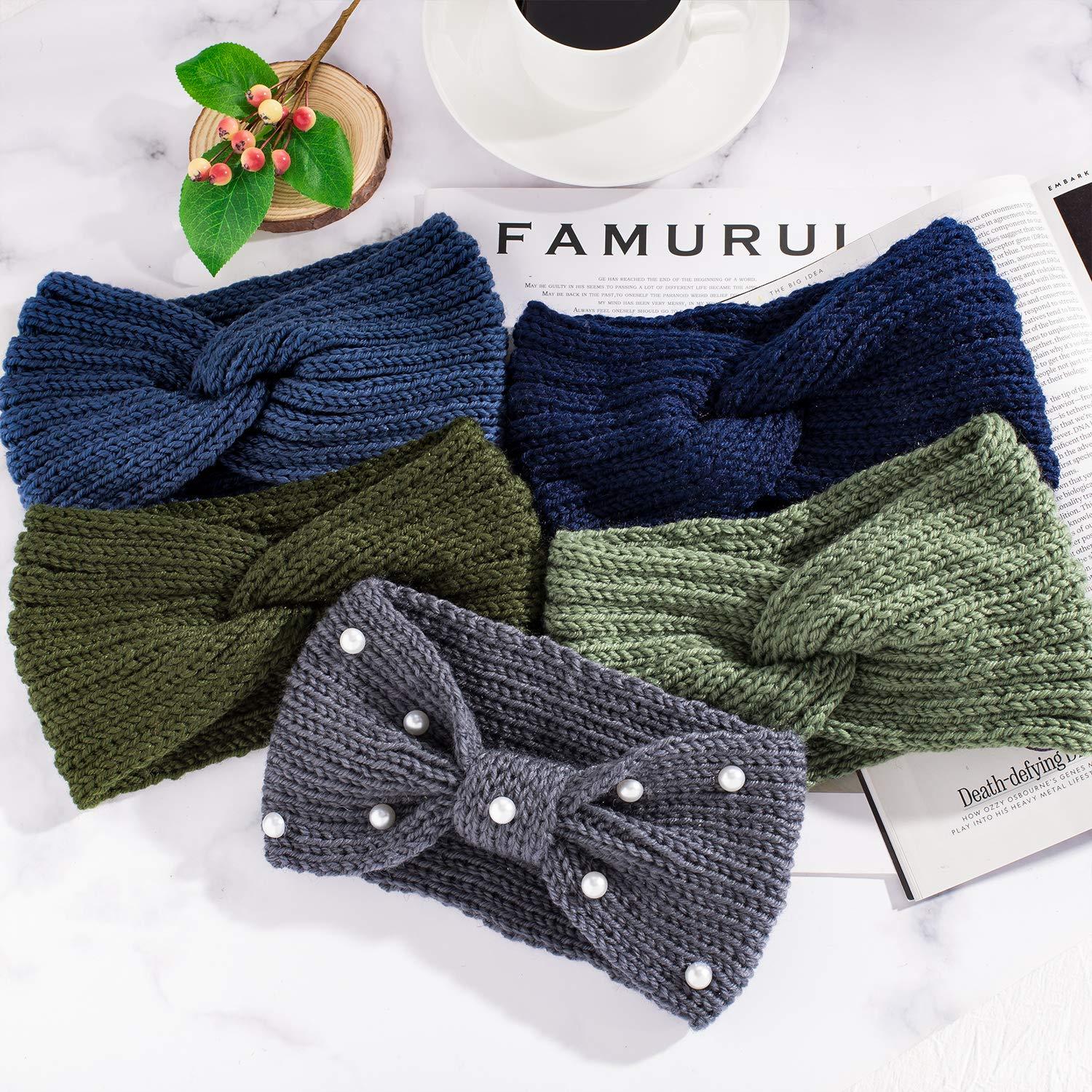 imageWhaline 5 Pieces Winter Knit Headbands Chunky Knit Headbands4 Elastic Turban Head Wraps and 1 Pearl Crochet Hair Band Ear Warmer Crochet Head Wraps for Women Girls AutumnampampWinter ColorsBlue Green