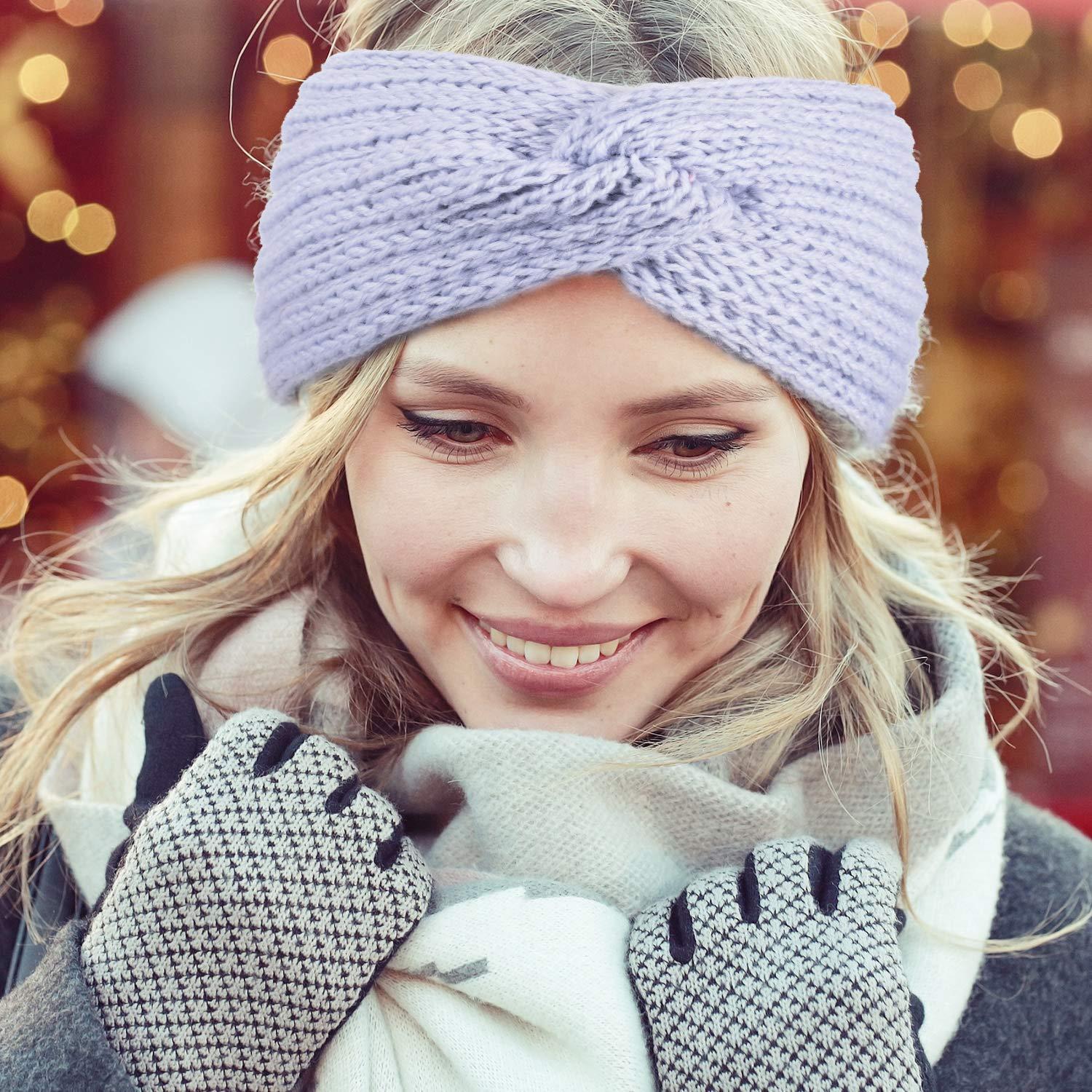 imageWhaline 5 Pieces Winter Knit Headbands Chunky Knit Headbands4 Elastic Turban Head Wraps and 1 Pearl Crochet Hair Band Ear Warmer Crochet Head Wraps for Women Girls AutumnampampWinter ColorsBlue Grey