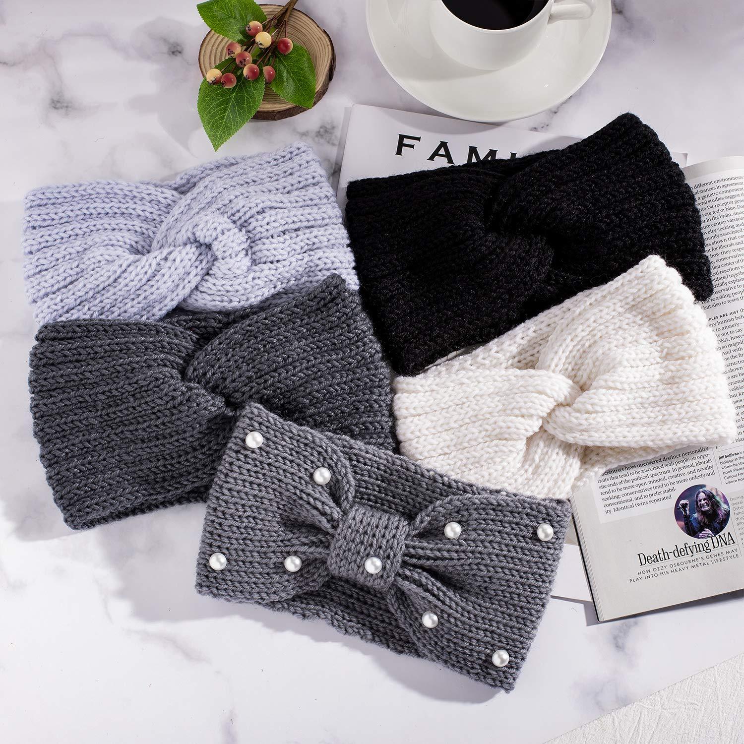 imageWhaline 5 Pieces Winter Knit Headbands Chunky Knit Headbands4 Elastic Turban Head Wraps and 1 Pearl Crochet Hair Band Ear Warmer Crochet Head Wraps for Women Girls AutumnampampWinter ColorsBlue Grey