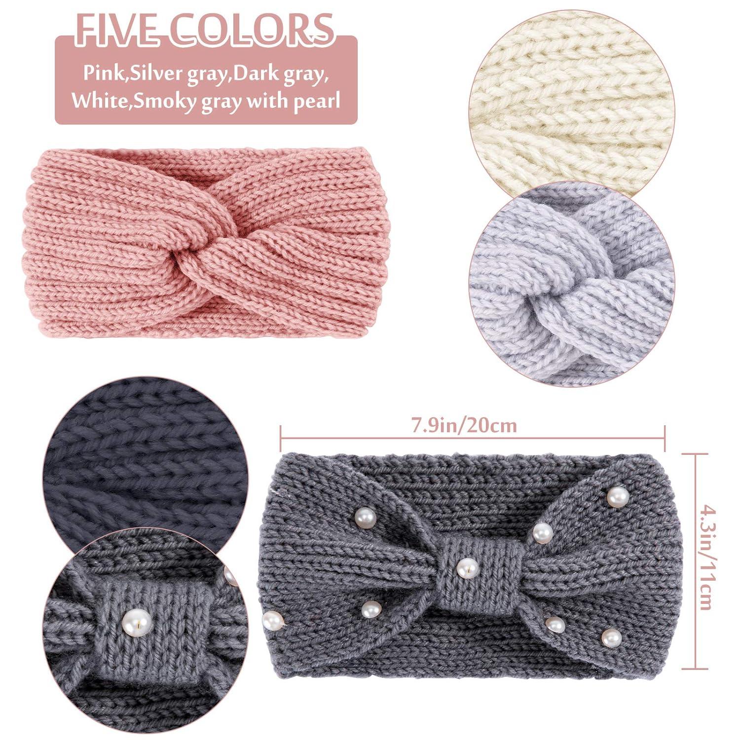 imageWhaline 5 Pieces Winter Knit Headbands Chunky Knit Headbands4 Elastic Turban Head Wraps and 1 Pearl Crochet Hair Band Ear Warmer Crochet Head Wraps for Women Girls AutumnampampWinter ColorsPinkGray