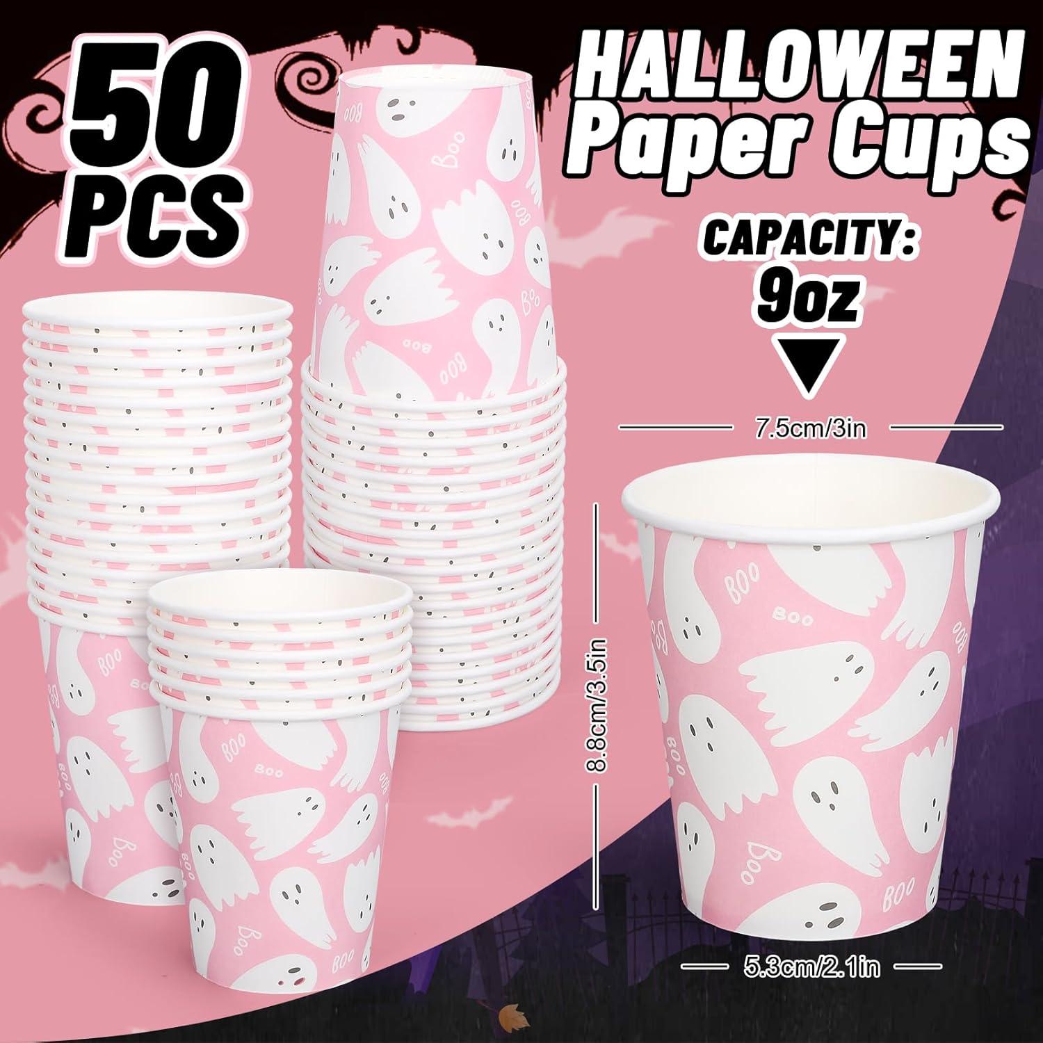 imageWhaline 50Pcs 12oz Halloween Ghost Paper Cups Pink Cute Ghost Boo Disposable Cups for Hot Cold Drinks Halloween Birthday Baby Shower Party Table SuppliesPink