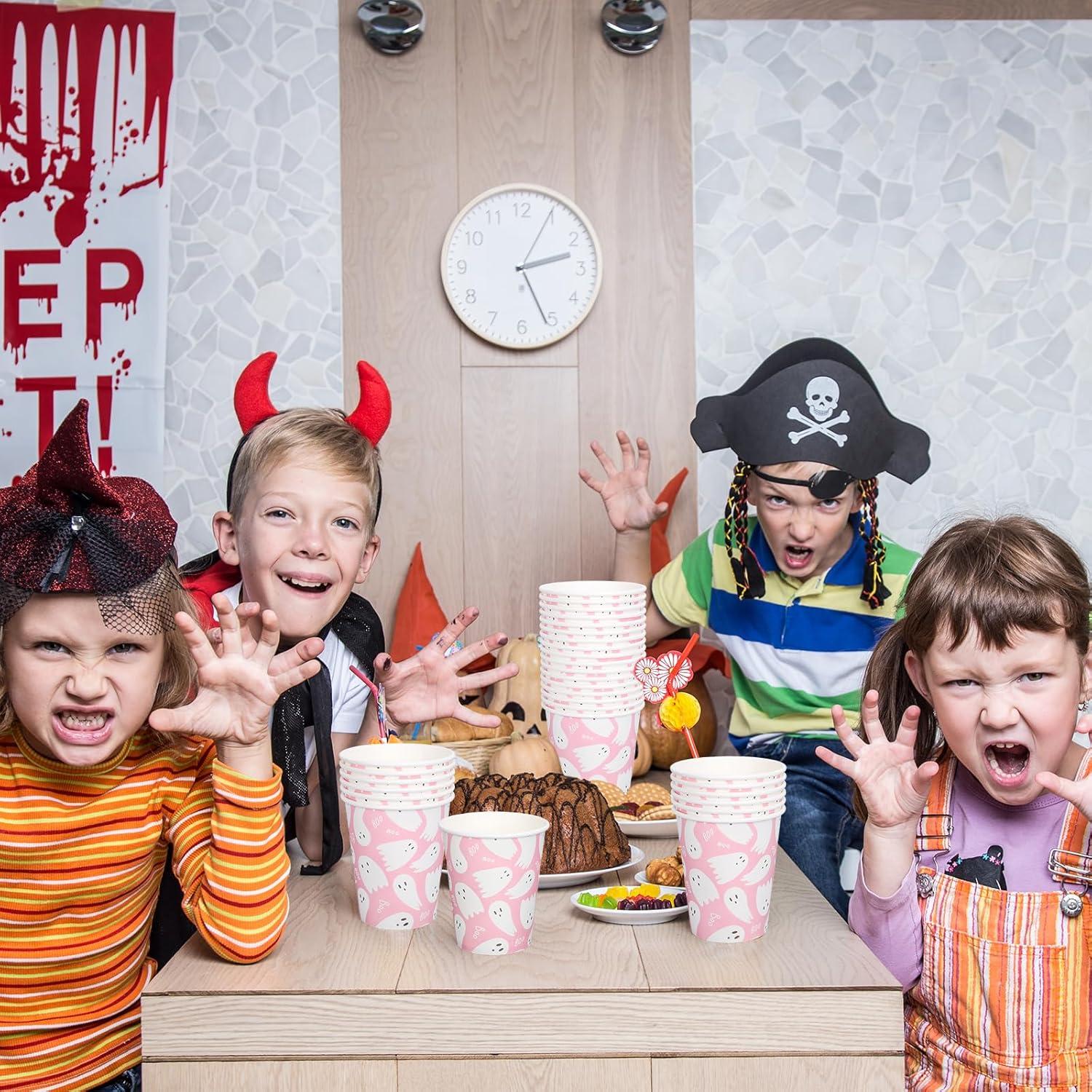 imageWhaline 50Pcs 12oz Halloween Ghost Paper Cups Pink Cute Ghost Boo Disposable Cups for Hot Cold Drinks Halloween Birthday Baby Shower Party Table SuppliesPink