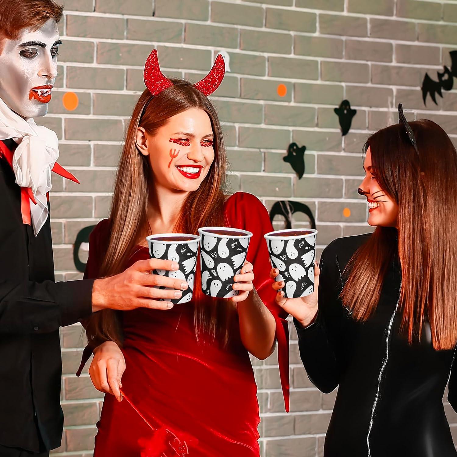 imageWhaline 50Pcs 12oz Halloween Ghost Paper Cups Pink Cute Ghost Boo Disposable Cups for Hot Cold Drinks Halloween Birthday Baby Shower Party Table SuppliesBlack