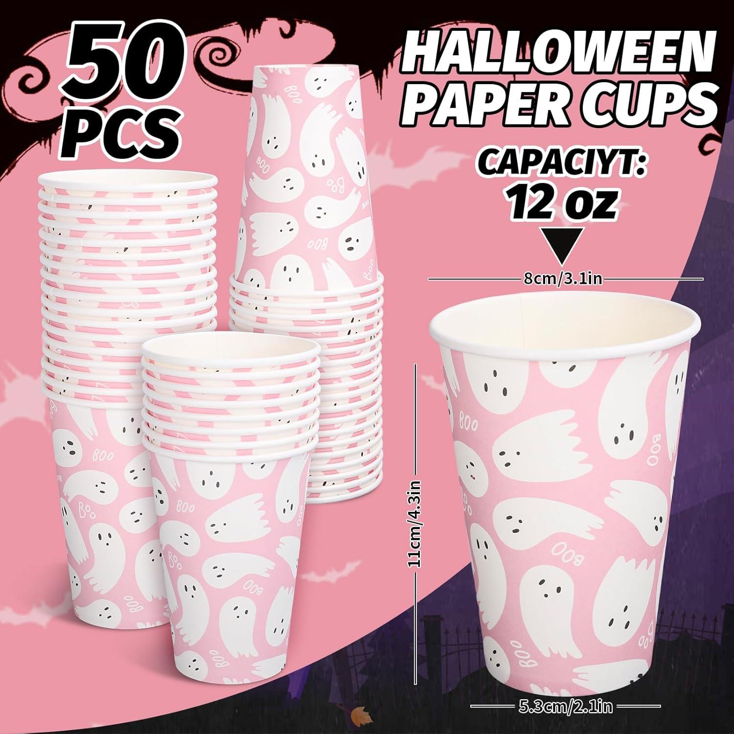 imageWhaline 50Pcs 12oz Halloween Ghost Paper Cups Pink Cute Ghost Boo Disposable Cups for Hot Cold Drinks Halloween Birthday Baby Shower Party Table SuppliesPink