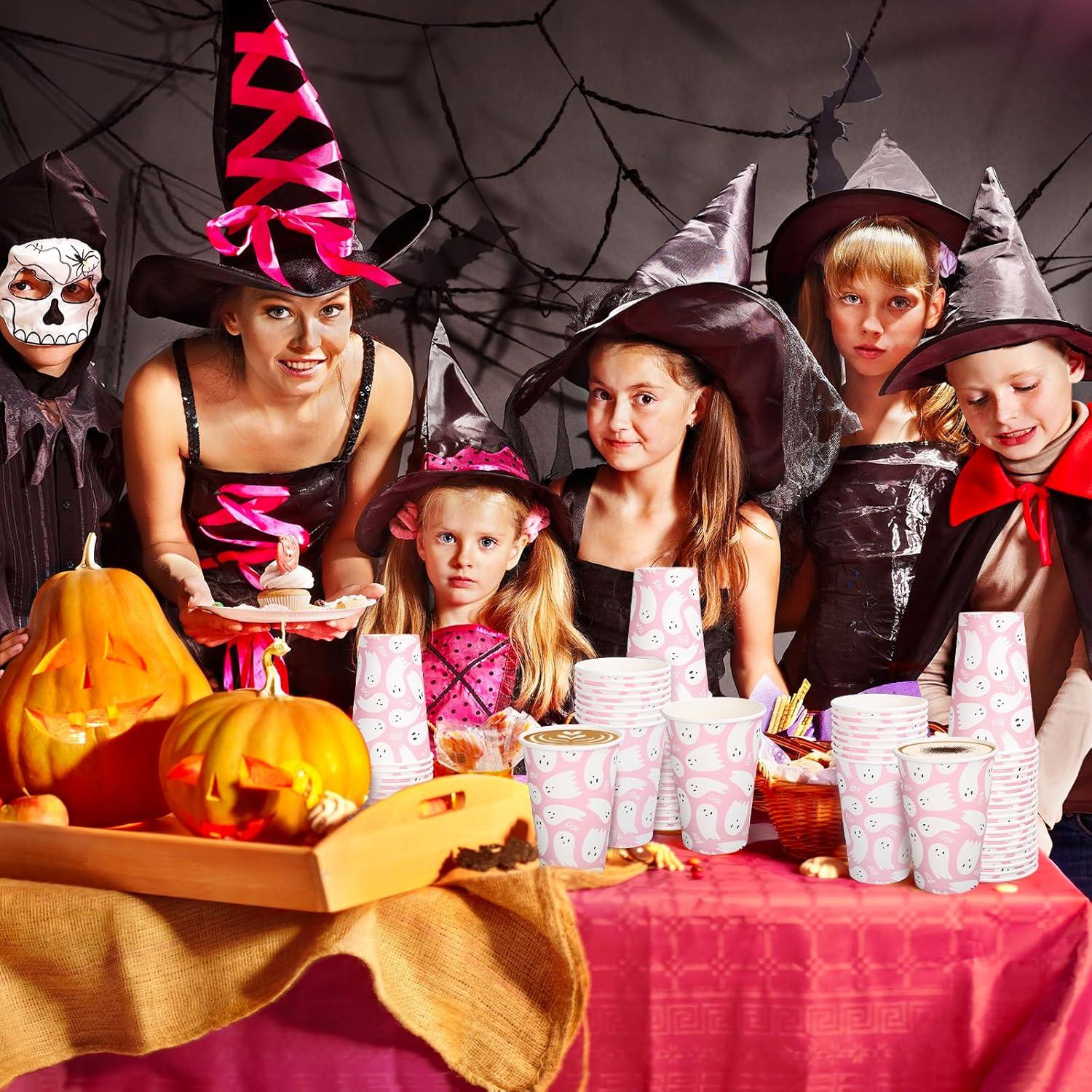 imageWhaline 50Pcs 12oz Halloween Ghost Paper Cups Pink Cute Ghost Boo Disposable Cups for Hot Cold Drinks Halloween Birthday Baby Shower Party Table SuppliesPink