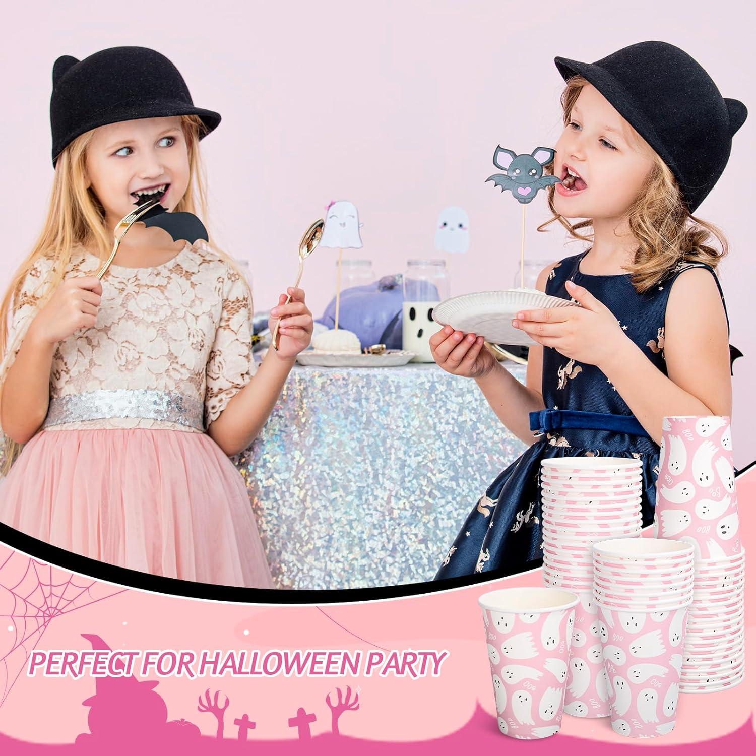 imageWhaline 50Pcs 12oz Halloween Ghost Paper Cups Pink Cute Ghost Boo Disposable Cups for Hot Cold Drinks Halloween Birthday Baby Shower Party Table SuppliesPink