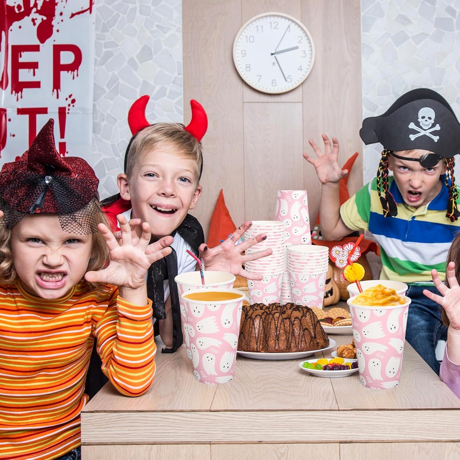 imageWhaline 50Pcs 12oz Halloween Ghost Paper Cups Pink Cute Ghost Boo Disposable Cups for Hot Cold Drinks Halloween Birthday Baby Shower Party Table SuppliesPink