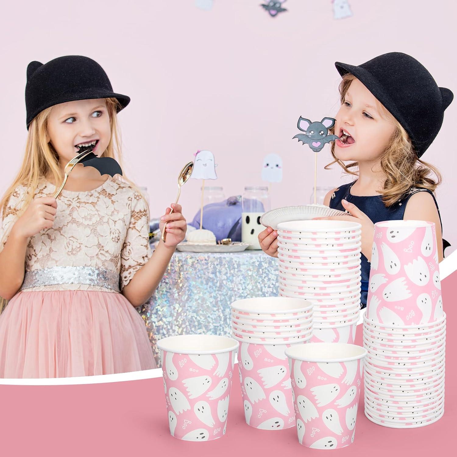 imageWhaline 50Pcs 12oz Halloween Ghost Paper Cups Pink Cute Ghost Boo Disposable Cups for Hot Cold Drinks Halloween Birthday Baby Shower Party Table SuppliesPink