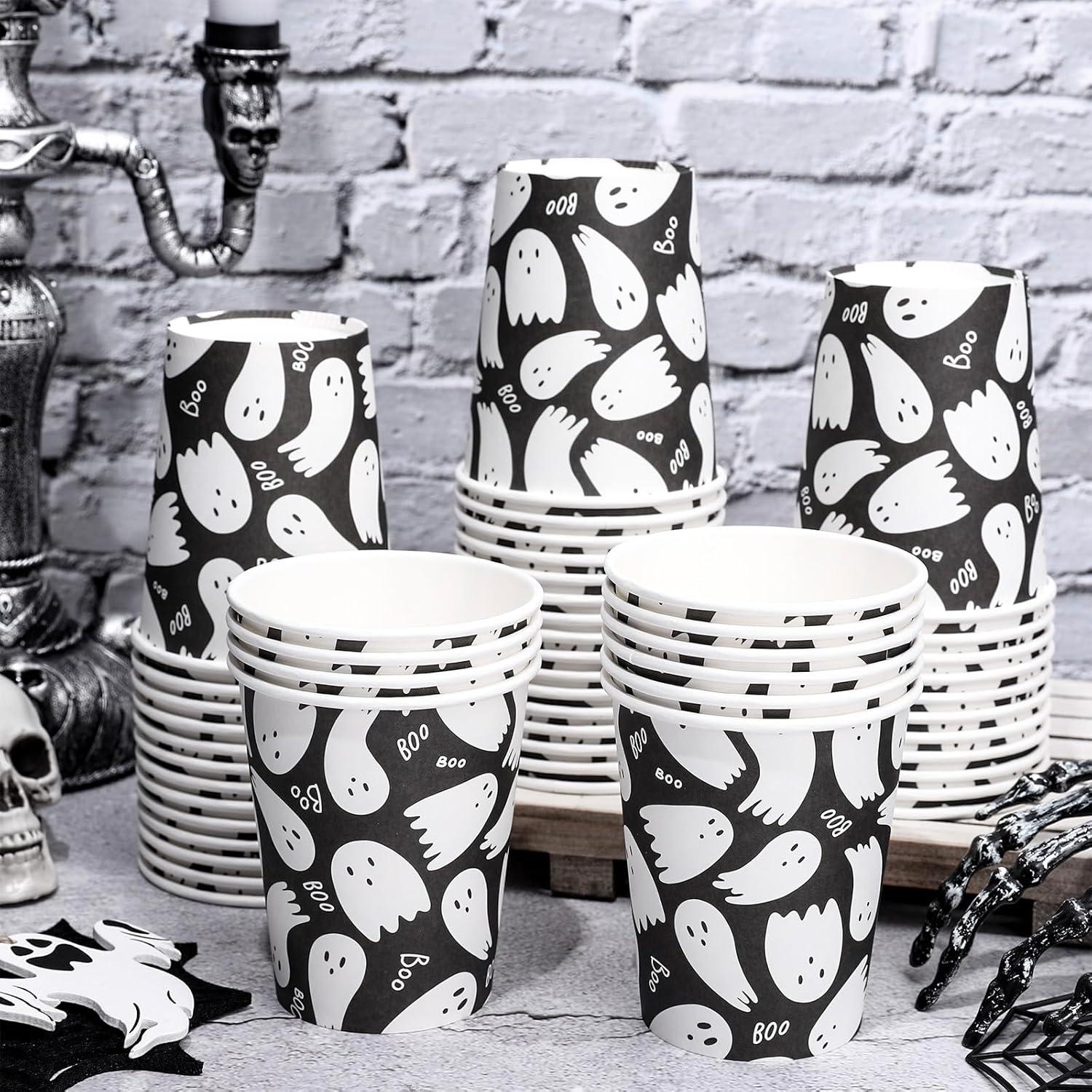 imageWhaline 50Pcs 12oz Halloween Ghost Paper Cups Pink Cute Ghost Boo Disposable Cups for Hot Cold Drinks Halloween Birthday Baby Shower Party Table SuppliesBlack