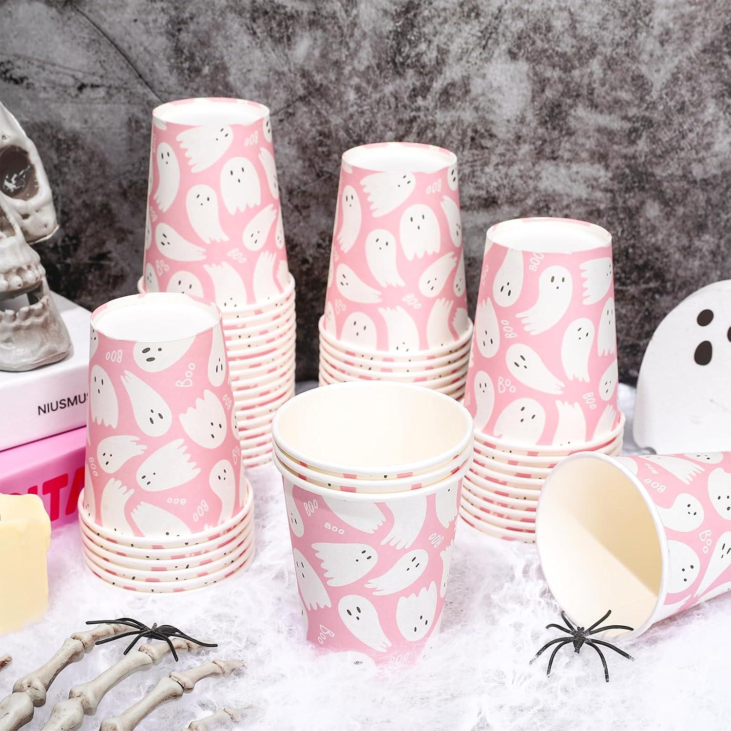 imageWhaline 50Pcs 12oz Halloween Ghost Paper Cups Pink Cute Ghost Boo Disposable Cups for Hot Cold Drinks Halloween Birthday Baby Shower Party Table SuppliesPink