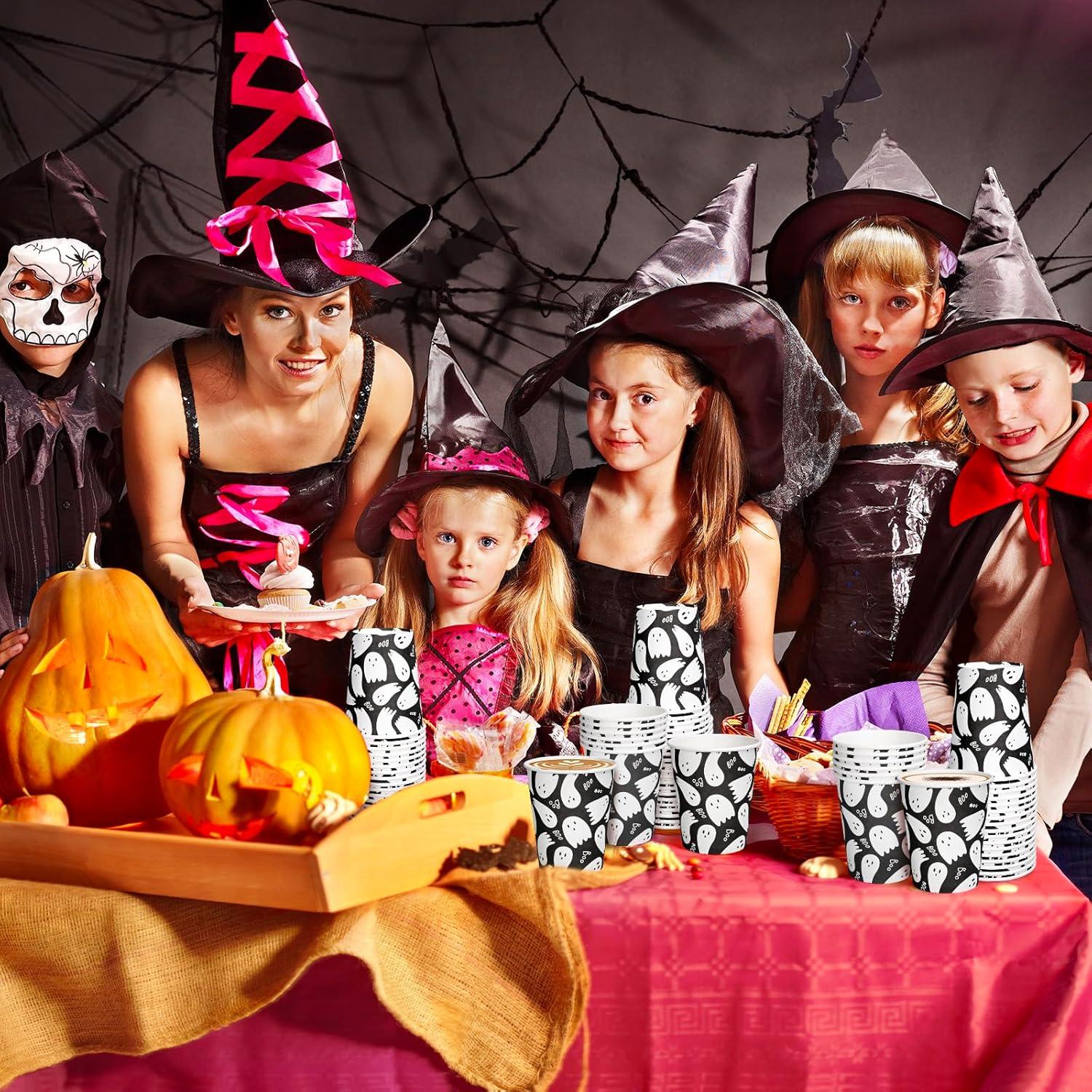 imageWhaline 50Pcs 12oz Halloween Ghost Paper Cups Pink Cute Ghost Boo Disposable Cups for Hot Cold Drinks Halloween Birthday Baby Shower Party Table SuppliesBlack