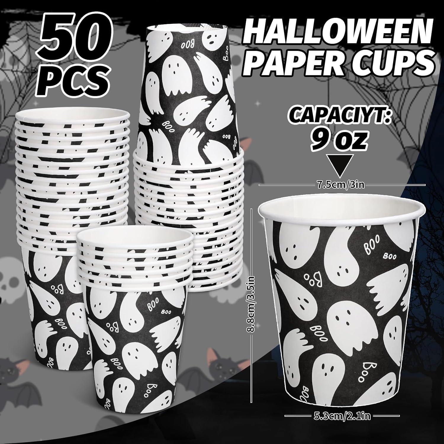 imageWhaline 50Pcs 12oz Halloween Ghost Paper Cups Pink Cute Ghost Boo Disposable Cups for Hot Cold Drinks Halloween Birthday Baby Shower Party Table SuppliesBlack