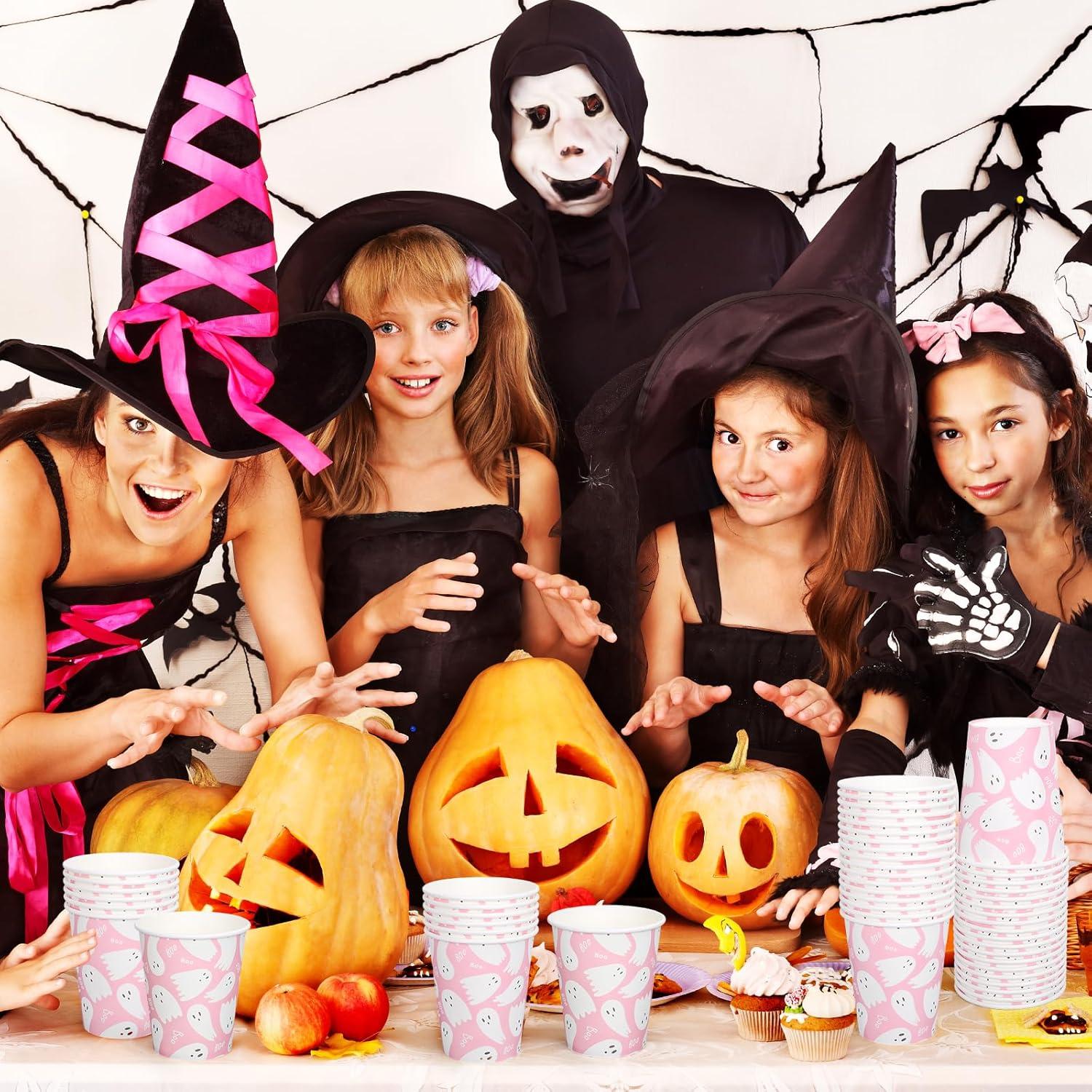 imageWhaline 50Pcs 12oz Halloween Ghost Paper Cups Pink Cute Ghost Boo Disposable Cups for Hot Cold Drinks Halloween Birthday Baby Shower Party Table SuppliesPink