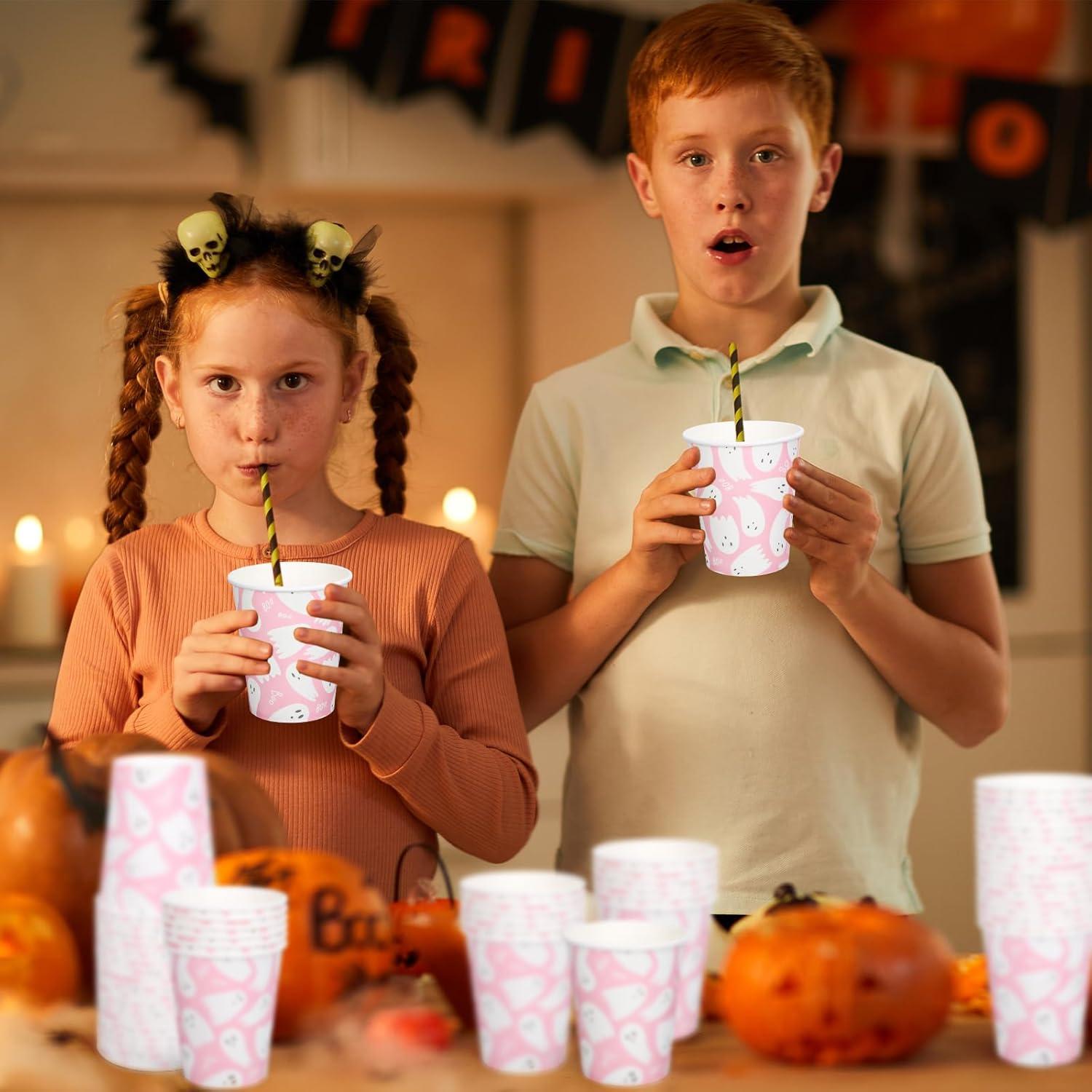 imageWhaline 50Pcs 12oz Halloween Ghost Paper Cups Pink Cute Ghost Boo Disposable Cups for Hot Cold Drinks Halloween Birthday Baby Shower Party Table SuppliesPink