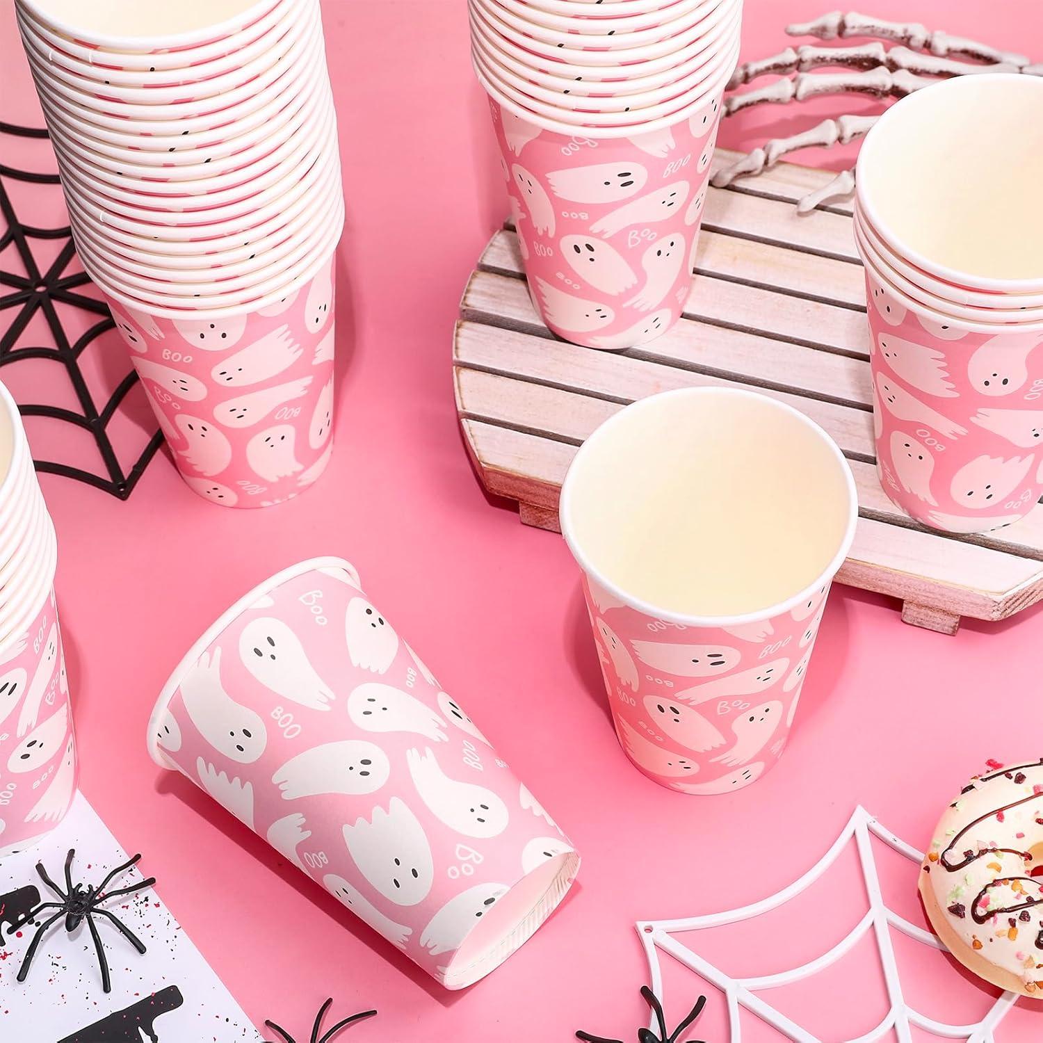 imageWhaline 50Pcs 12oz Halloween Ghost Paper Cups Pink Cute Ghost Boo Disposable Cups for Hot Cold Drinks Halloween Birthday Baby Shower Party Table SuppliesPink