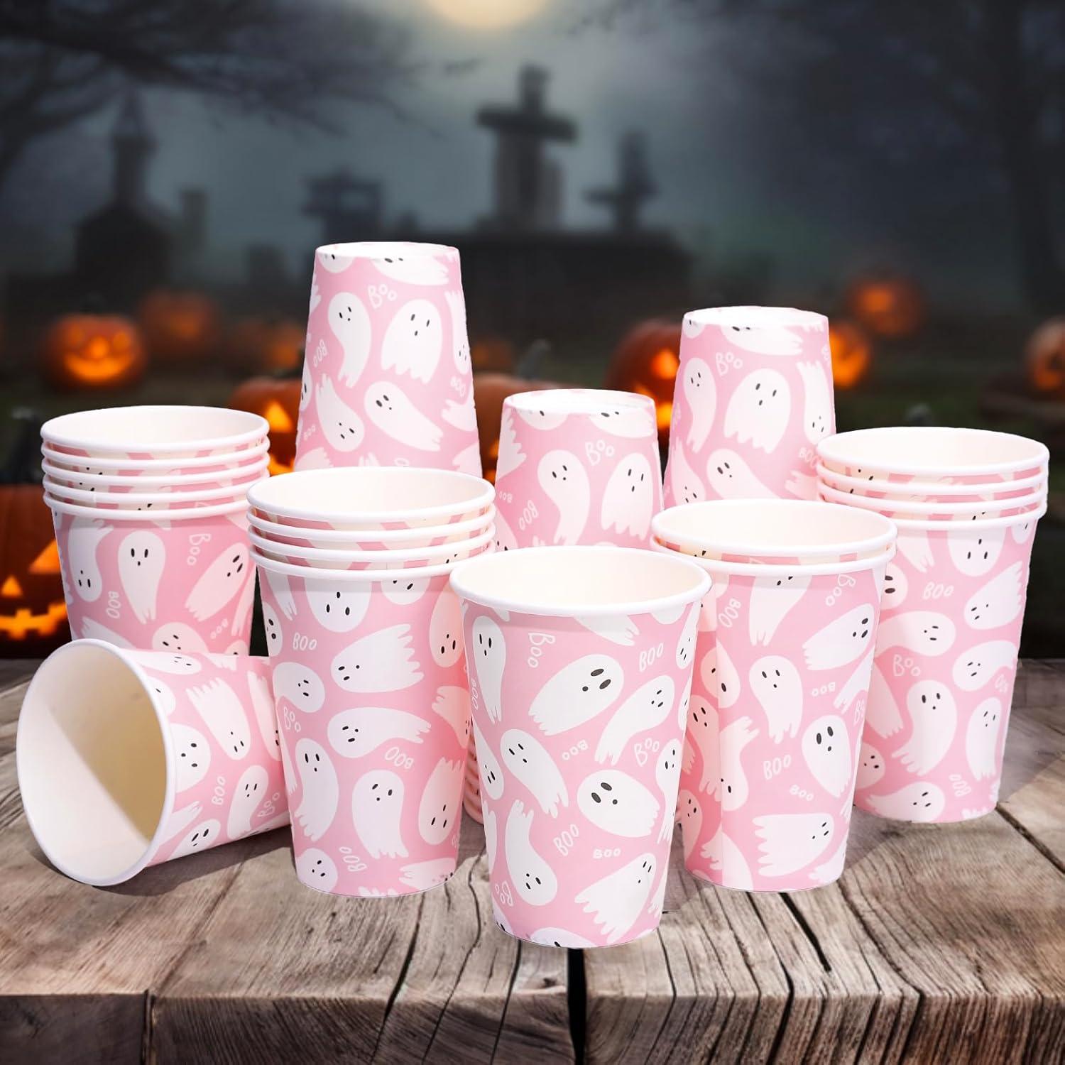 imageWhaline 50Pcs 12oz Halloween Ghost Paper Cups Pink Cute Ghost Boo Disposable Cups for Hot Cold Drinks Halloween Birthday Baby Shower Party Table SuppliesPink