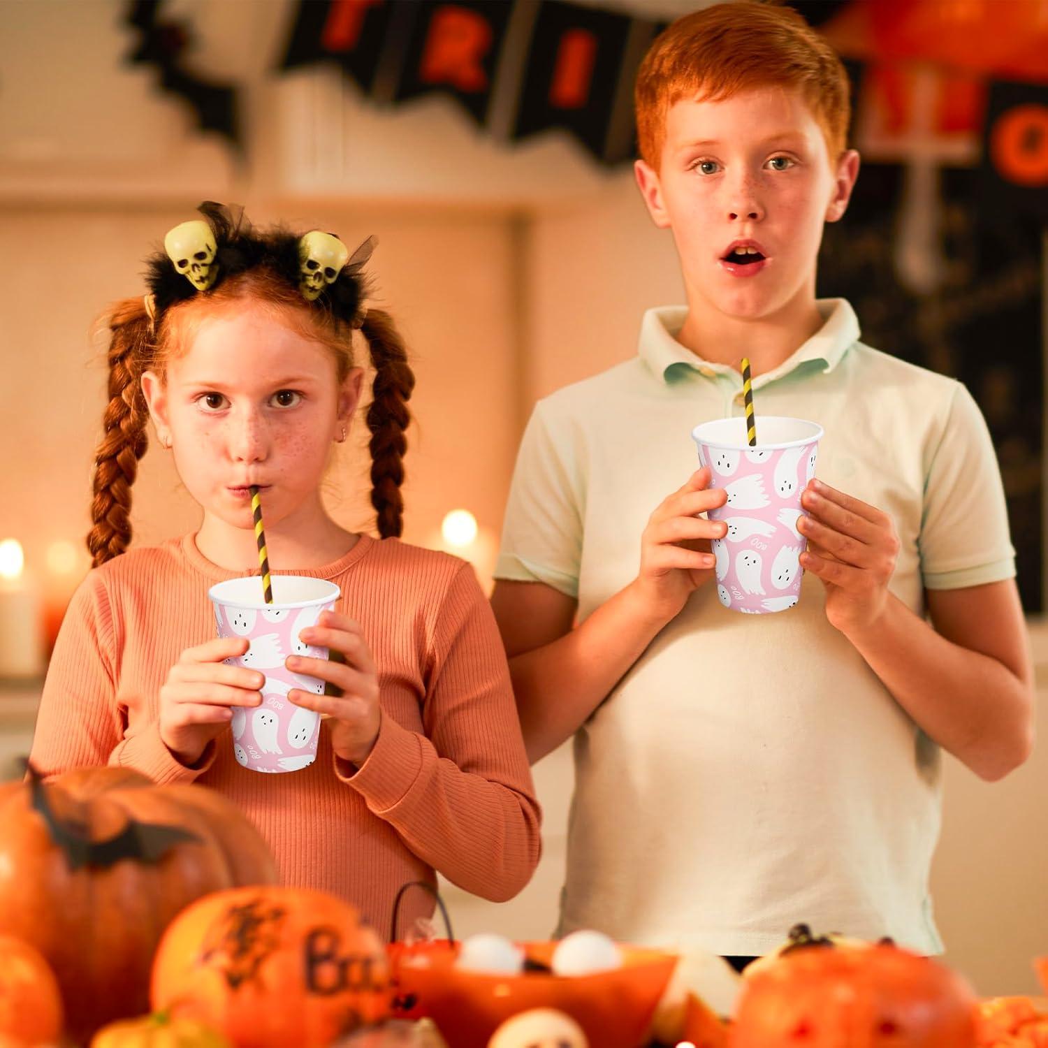 imageWhaline 50Pcs 12oz Halloween Ghost Paper Cups Pink Cute Ghost Boo Disposable Cups for Hot Cold Drinks Halloween Birthday Baby Shower Party Table SuppliesPink