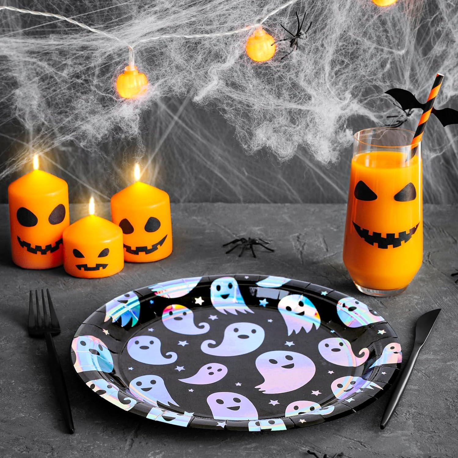 imageWhaline 50Pcs Iridescent Halloween Black Disposable Party Plates Silver Laser Ghost Paper Plates ColorChanging Holographic Dinner Plates for Spooky Kitchen Supplies 9 InchGhost