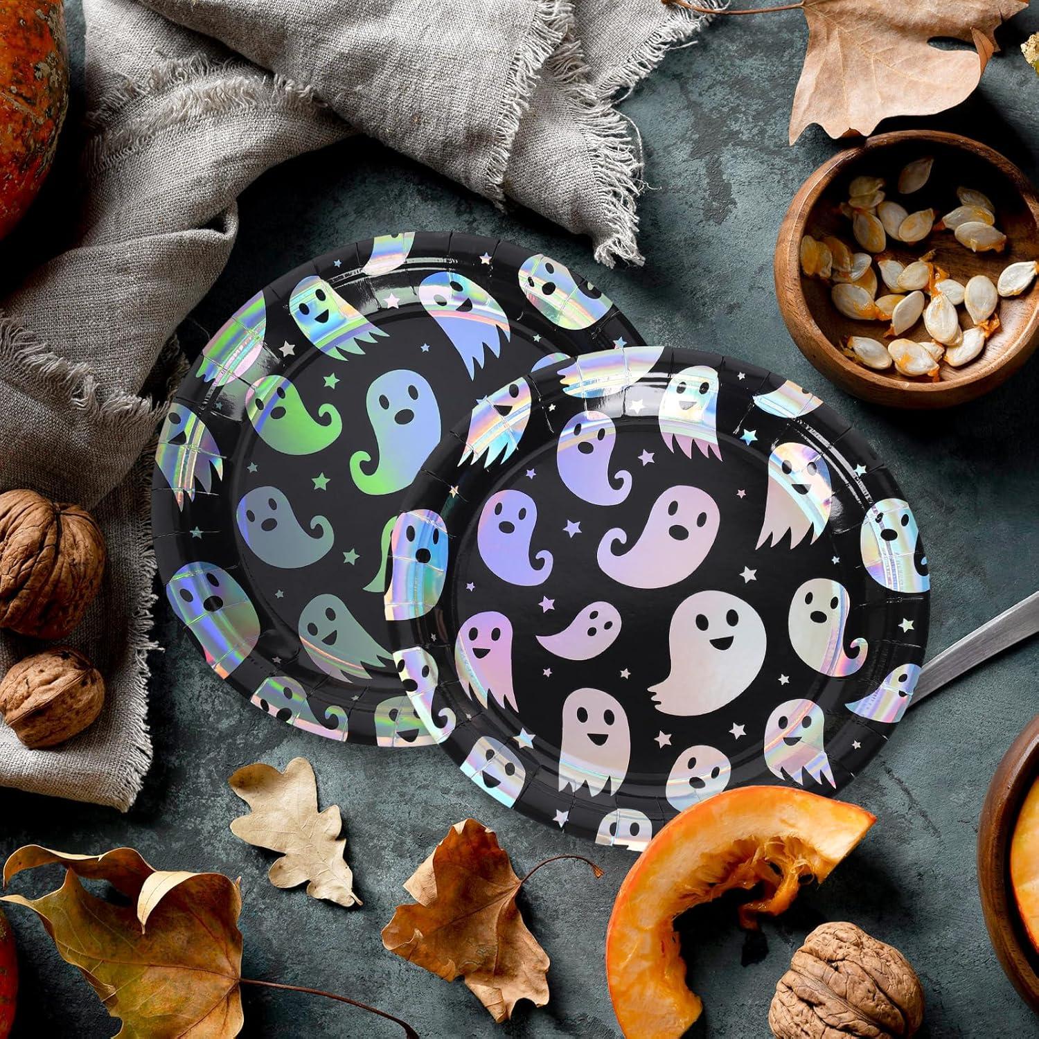 imageWhaline 50Pcs Iridescent Halloween Black Disposable Party Plates Silver Laser Ghost Paper Plates ColorChanging Holographic Dinner Plates for Spooky Kitchen Supplies 9 InchGhost