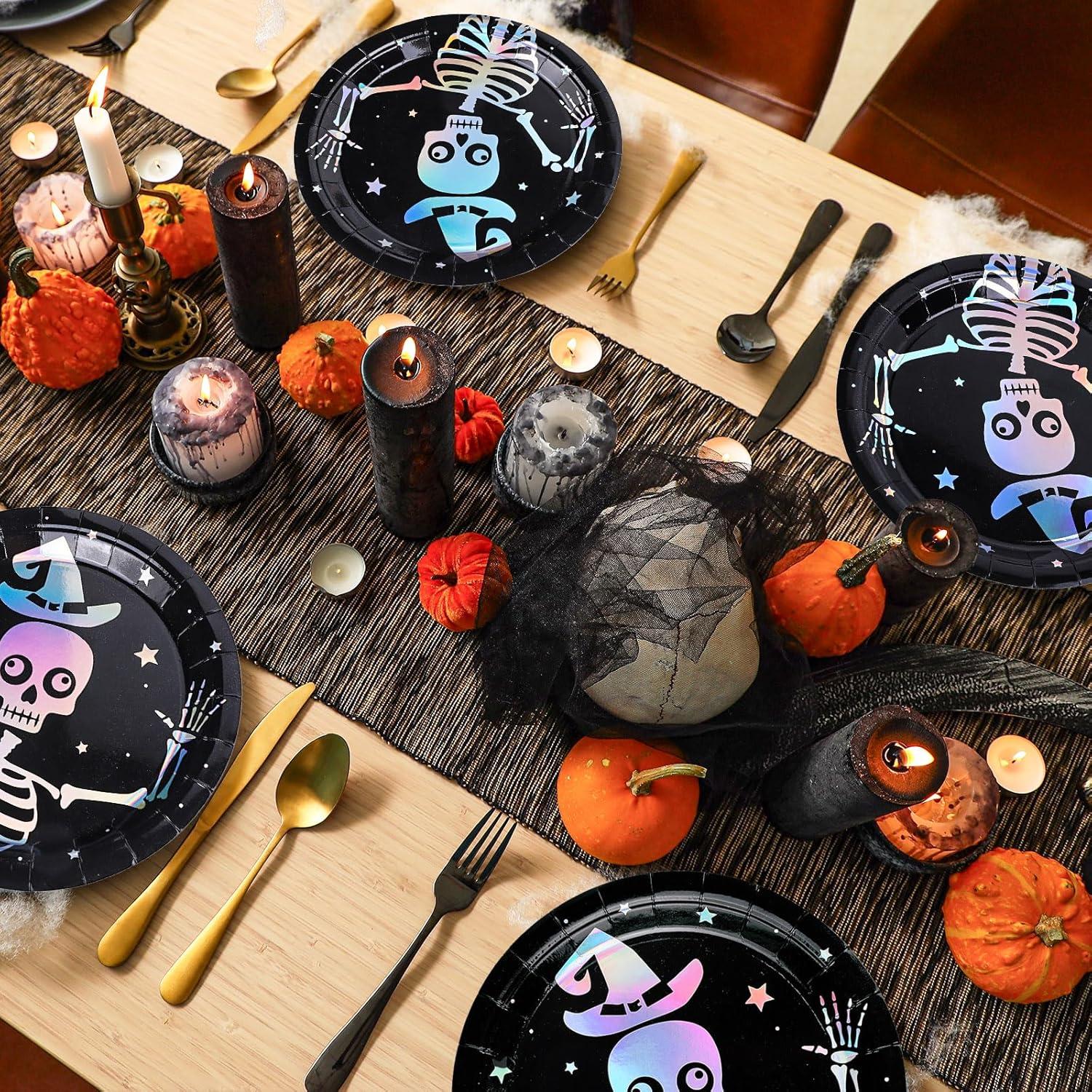 imageWhaline 50Pcs Iridescent Halloween Black Disposable Party Plates Silver Laser Ghost Paper Plates ColorChanging Holographic Dinner Plates for Spooky Kitchen Supplies 9 InchSkeleton