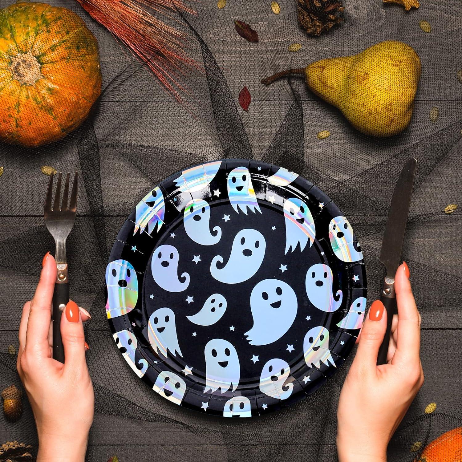 imageWhaline 50Pcs Iridescent Halloween Black Disposable Party Plates Silver Laser Ghost Paper Plates ColorChanging Holographic Dinner Plates for Spooky Kitchen Supplies 9 InchGhost
