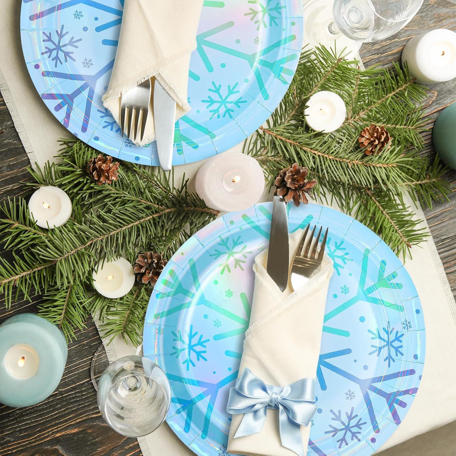 imageWhaline 50Pcs Iridescent Halloween Black Disposable Party Plates Silver Laser Ghost Paper Plates ColorChanging Holographic Dinner Plates for Spooky Kitchen Supplies 9 InchSnowflake