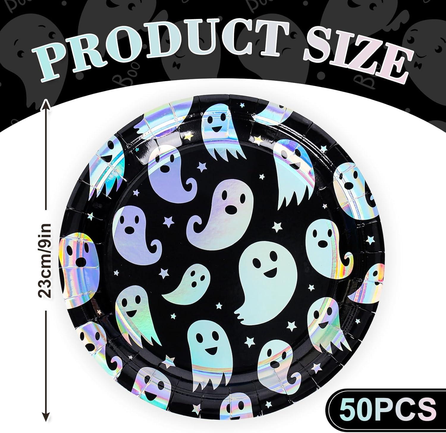 imageWhaline 50Pcs Iridescent Halloween Black Disposable Party Plates Silver Laser Ghost Paper Plates ColorChanging Holographic Dinner Plates for Spooky Kitchen Supplies 9 InchGhost