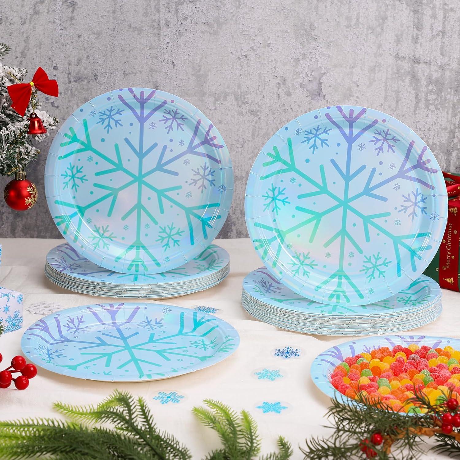 imageWhaline 50Pcs Iridescent Halloween Black Disposable Party Plates Silver Laser Ghost Paper Plates ColorChanging Holographic Dinner Plates for Spooky Kitchen Supplies 9 InchSnowflake