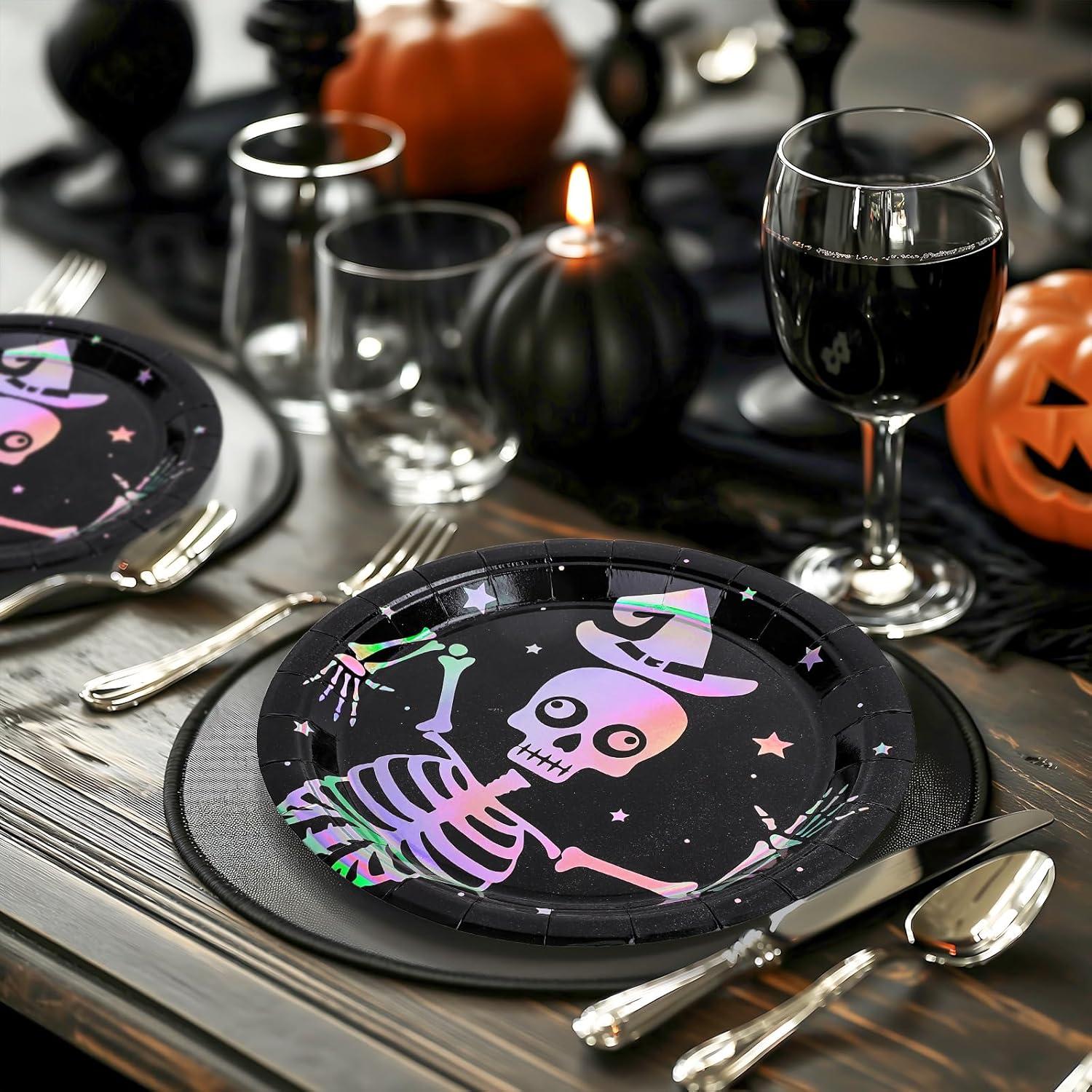 imageWhaline 50Pcs Iridescent Halloween Black Disposable Party Plates Silver Laser Ghost Paper Plates ColorChanging Holographic Dinner Plates for Spooky Kitchen Supplies 9 InchSkeleton
